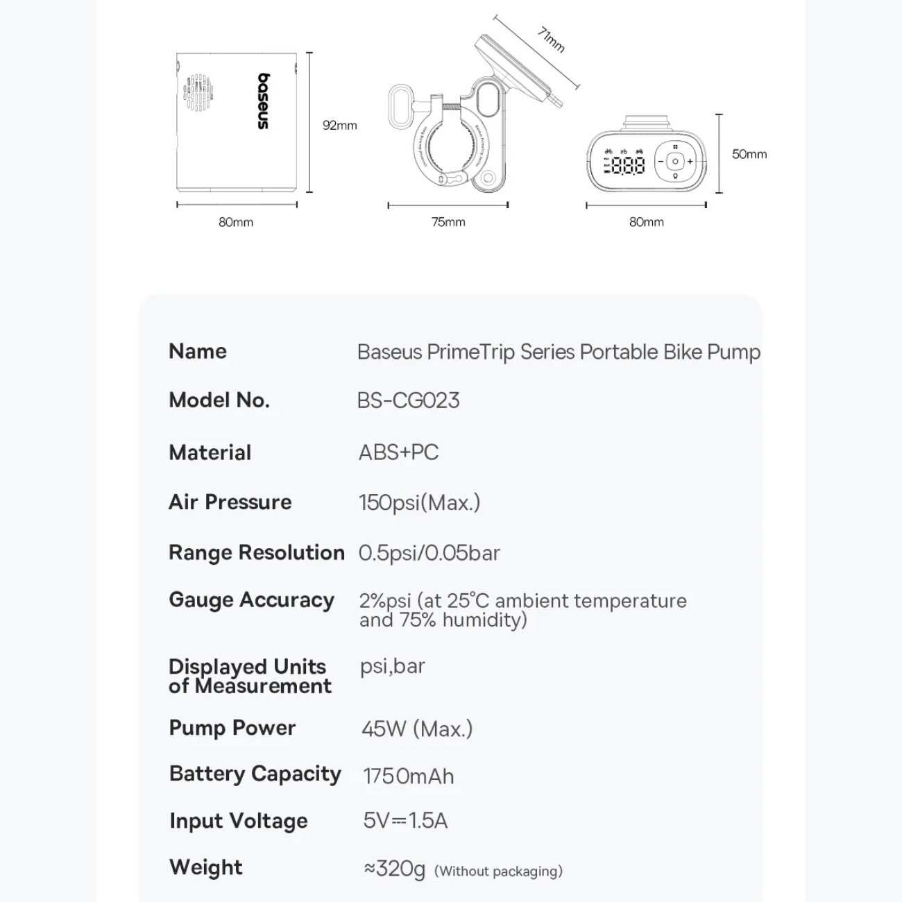 پمپ باد دیجیتالی شارژی دوچرخه و موتورسیکلت با چراغ قوه قابل حمل بیسوس C11169000121-00