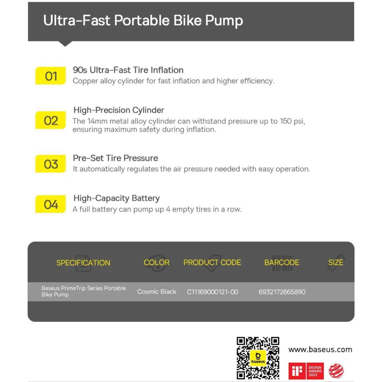 پمپ باد دیجیتالی شارژی دوچرخه و موتورسیکلت با چراغ قوه قابل حمل بیسوس C11169000121-00