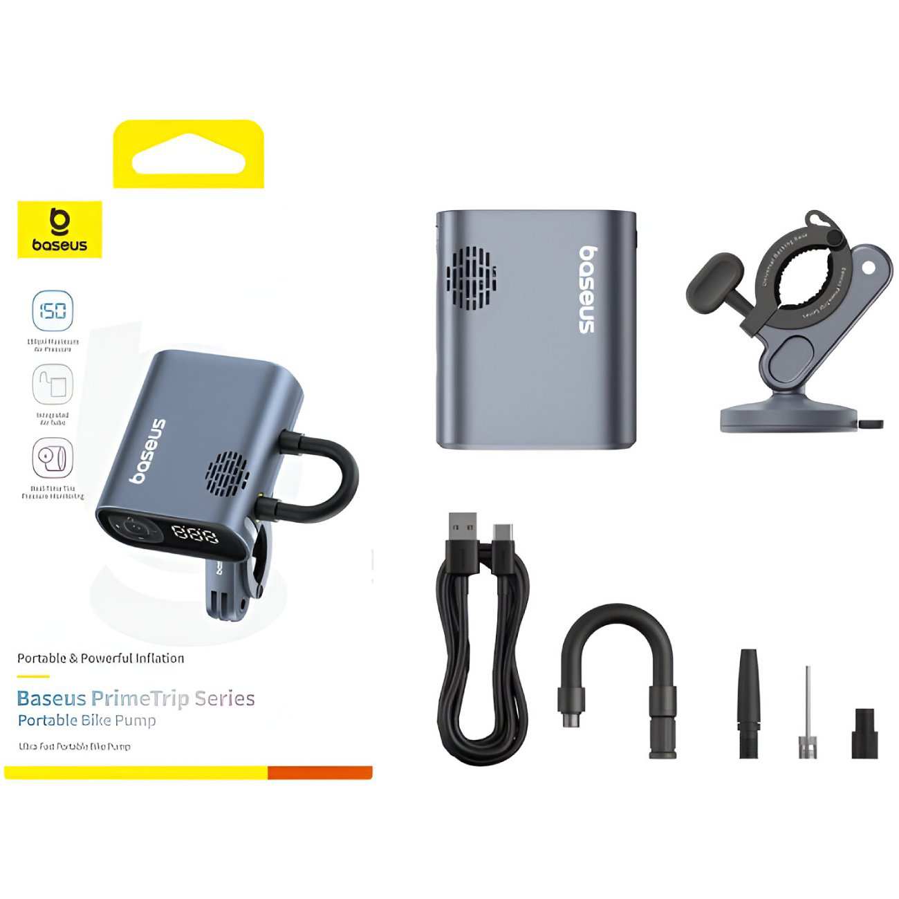 پمپ باد دیجیتالی شارژی دوچرخه و موتورسیکلت با چراغ قوه قابل حمل بیسوس C11169000121-00