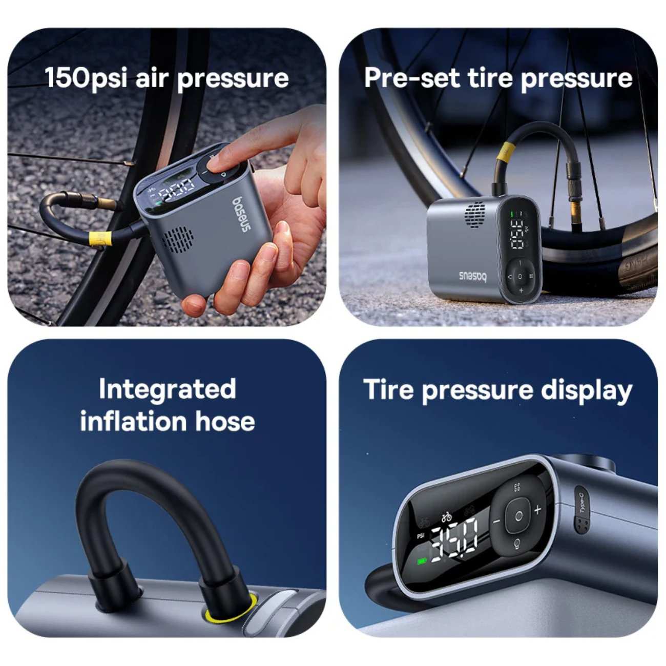 پمپ باد دیجیتالی شارژی دوچرخه و موتورسیکلت با چراغ قوه قابل حمل بیسوس C11169000121-00