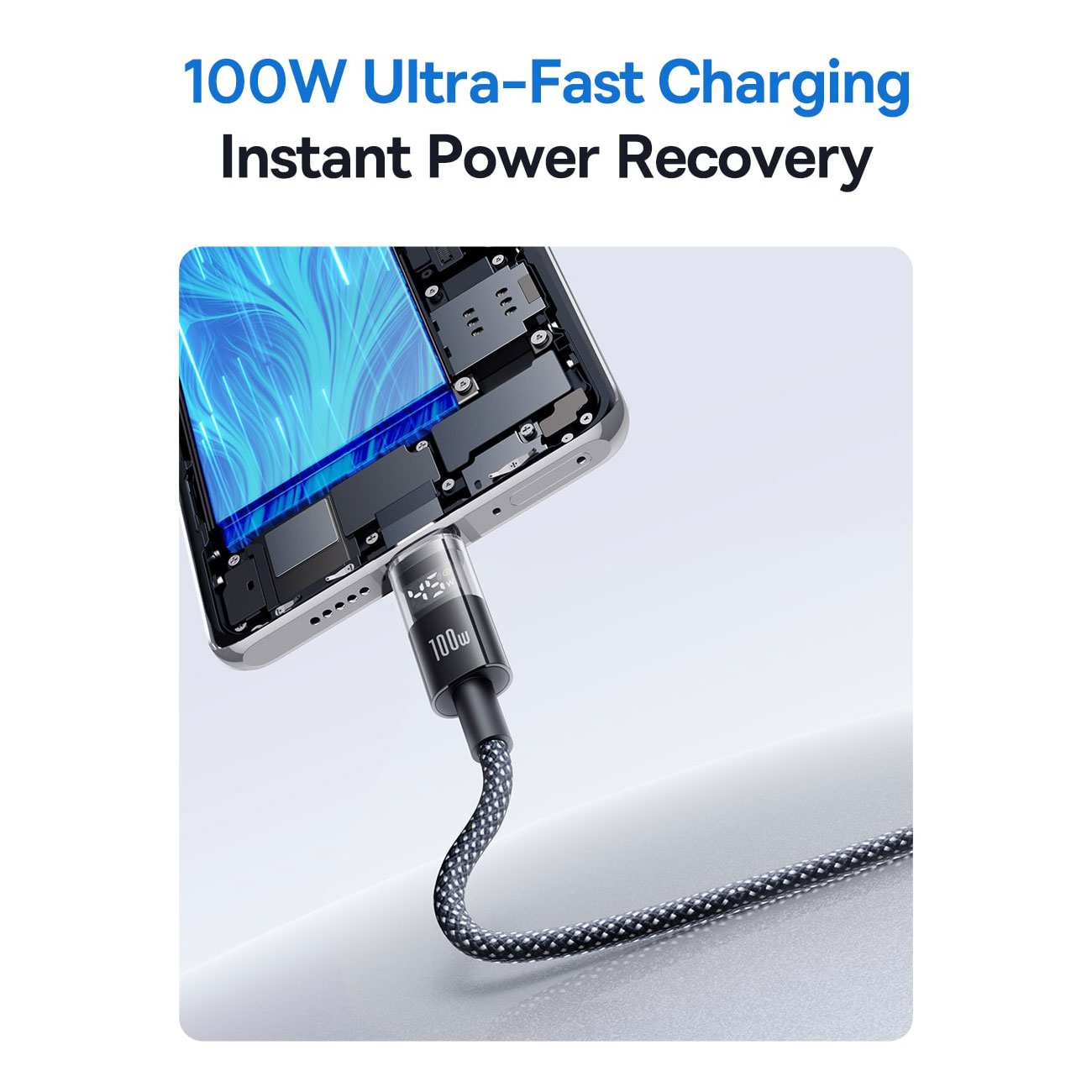 کابل فست شارژ یو اس بی به تایپ سی 100 وات یک متری بیسوس Display 2 p10382701121-00