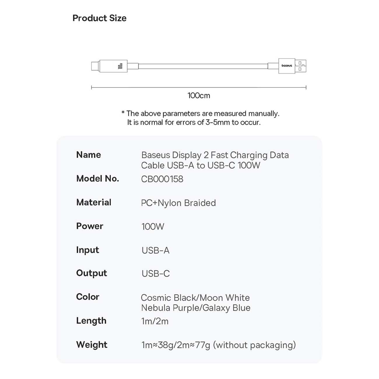 کابل فست شارژ یو اس بی به تایپ سی 100 وات یک متری بیسوس Display 2 p10382701121-00
