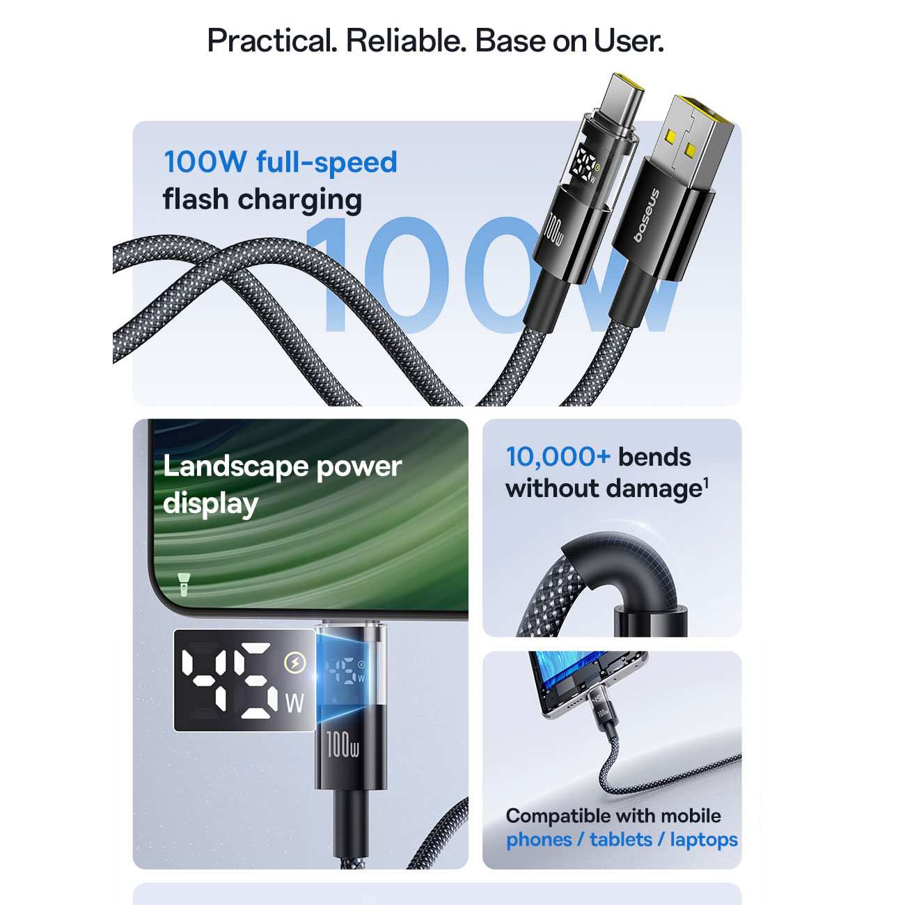 کابل فست شارژ یو اس بی به تایپ سی 100 وات یک متری بیسوس Display 2 p10382701121-00
