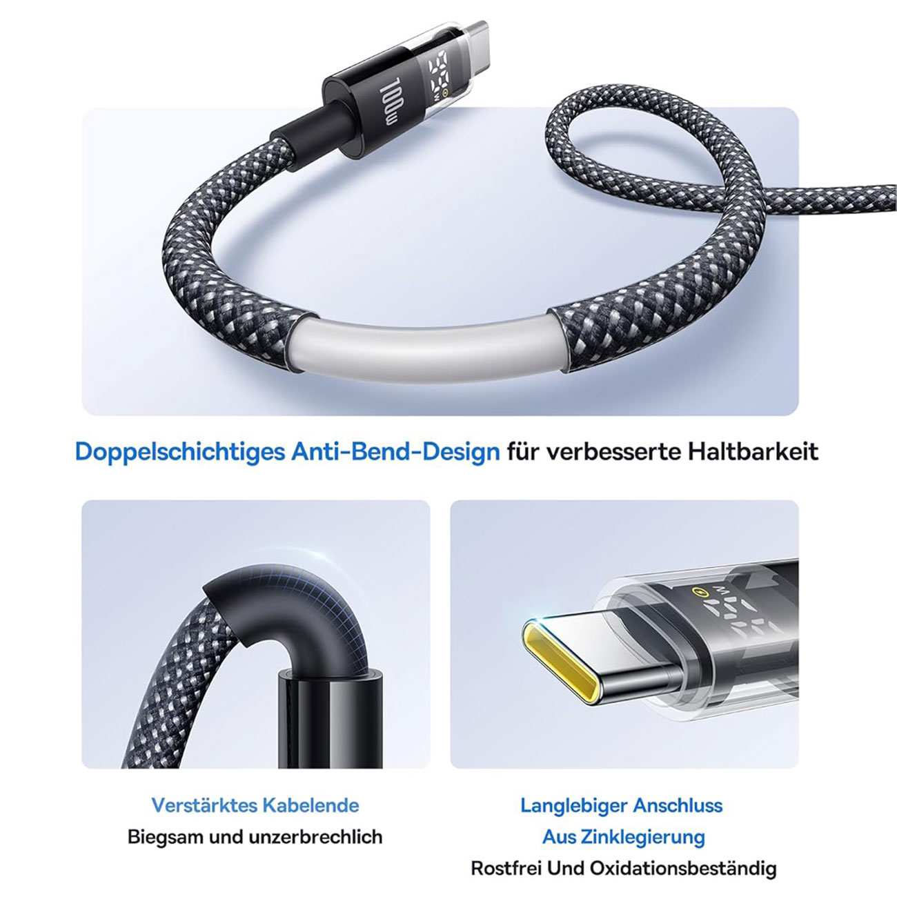 کابل فست شارژ یو اس بی به تایپ سی 100 وات یک متری بیسوس Display 2 p10382701121-00