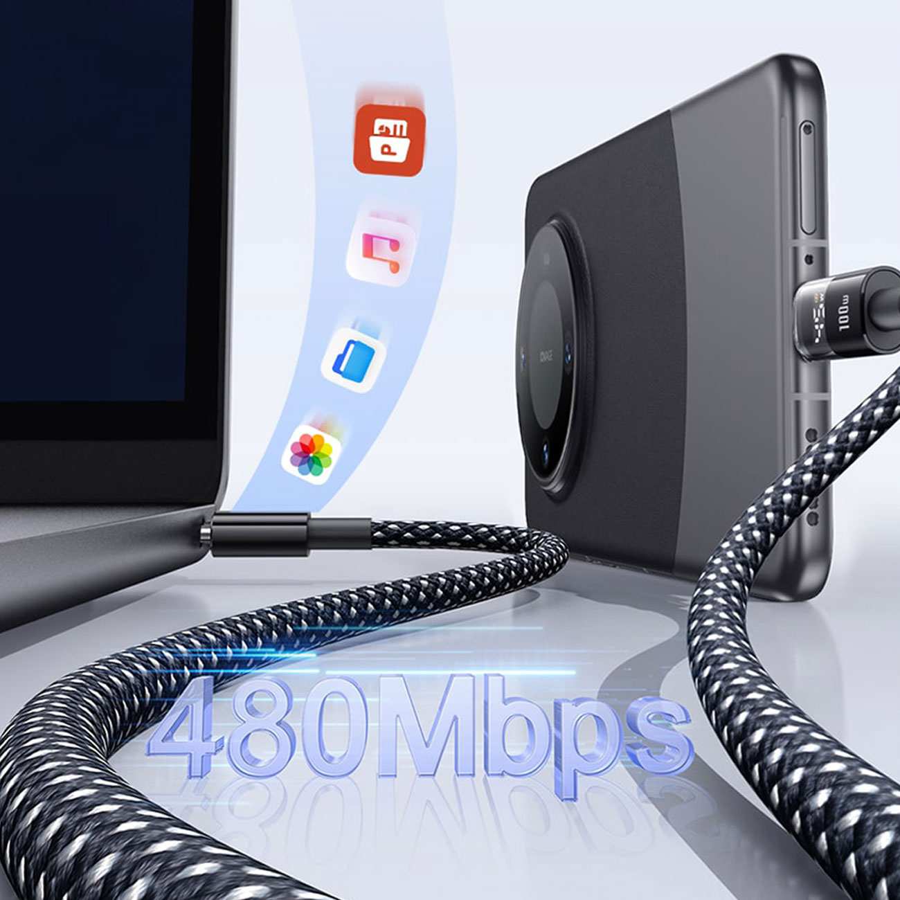 کابل فست شارژ یو اس بی به تایپ سی 100 وات یک متری بیسوس Display 2 p10382701121-00