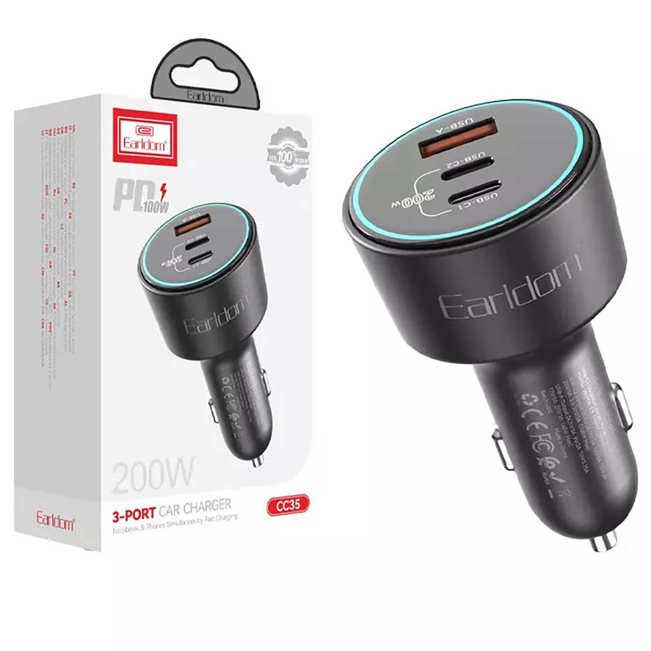شارژر فندکی فست شارژ ماشین 100 وات Type-C و USB ارلدام ES-CC35