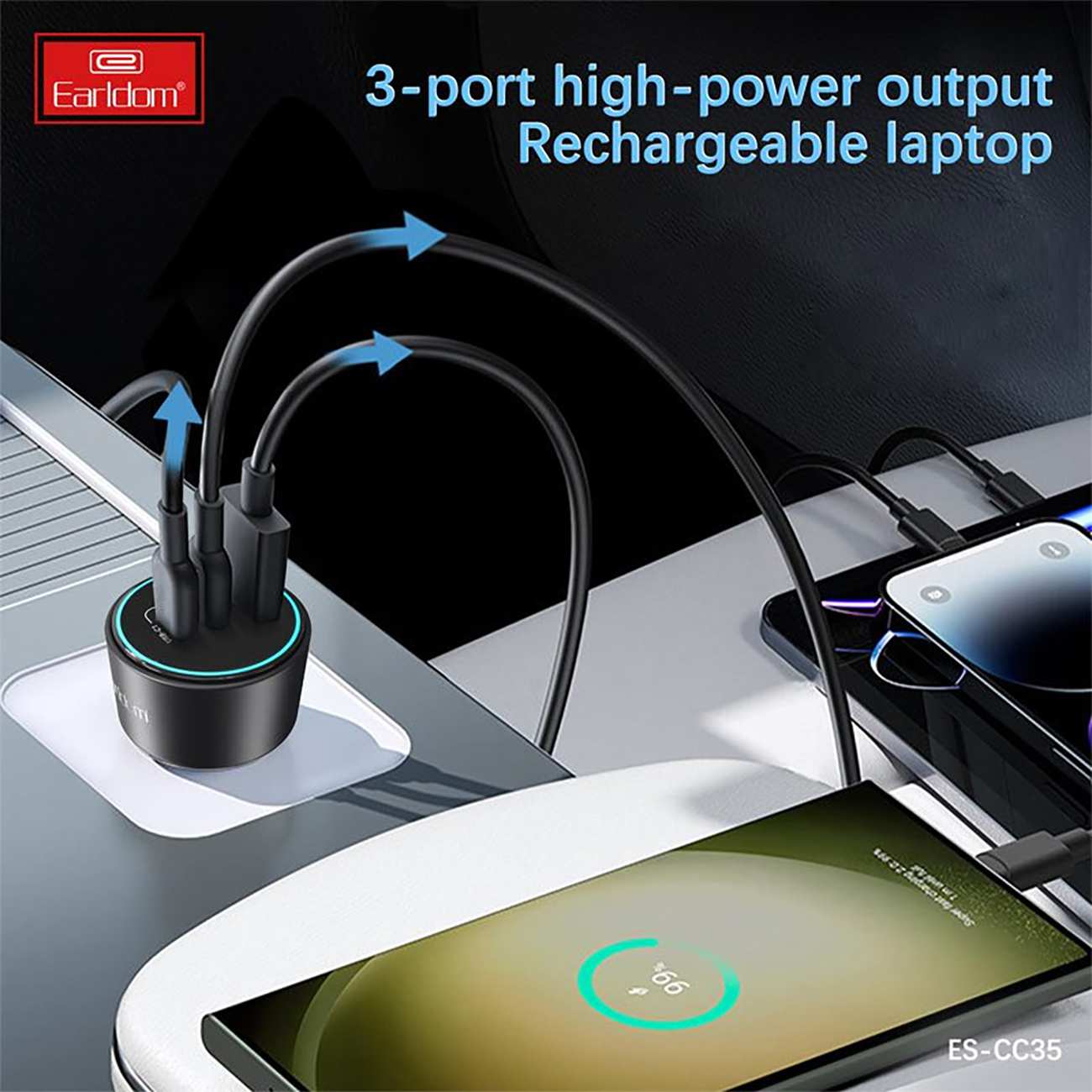 شارژر فندکی فست شارژ ماشین 100 وات Type-C و USB ارلدام ES-CC35