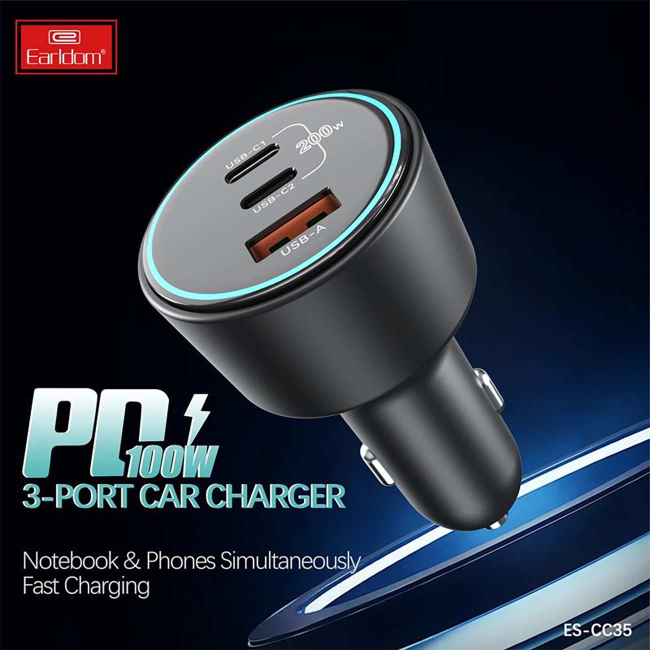 شارژر فندکی فست شارژ ماشین 100 وات Type-C و USB ارلدام ES-CC35