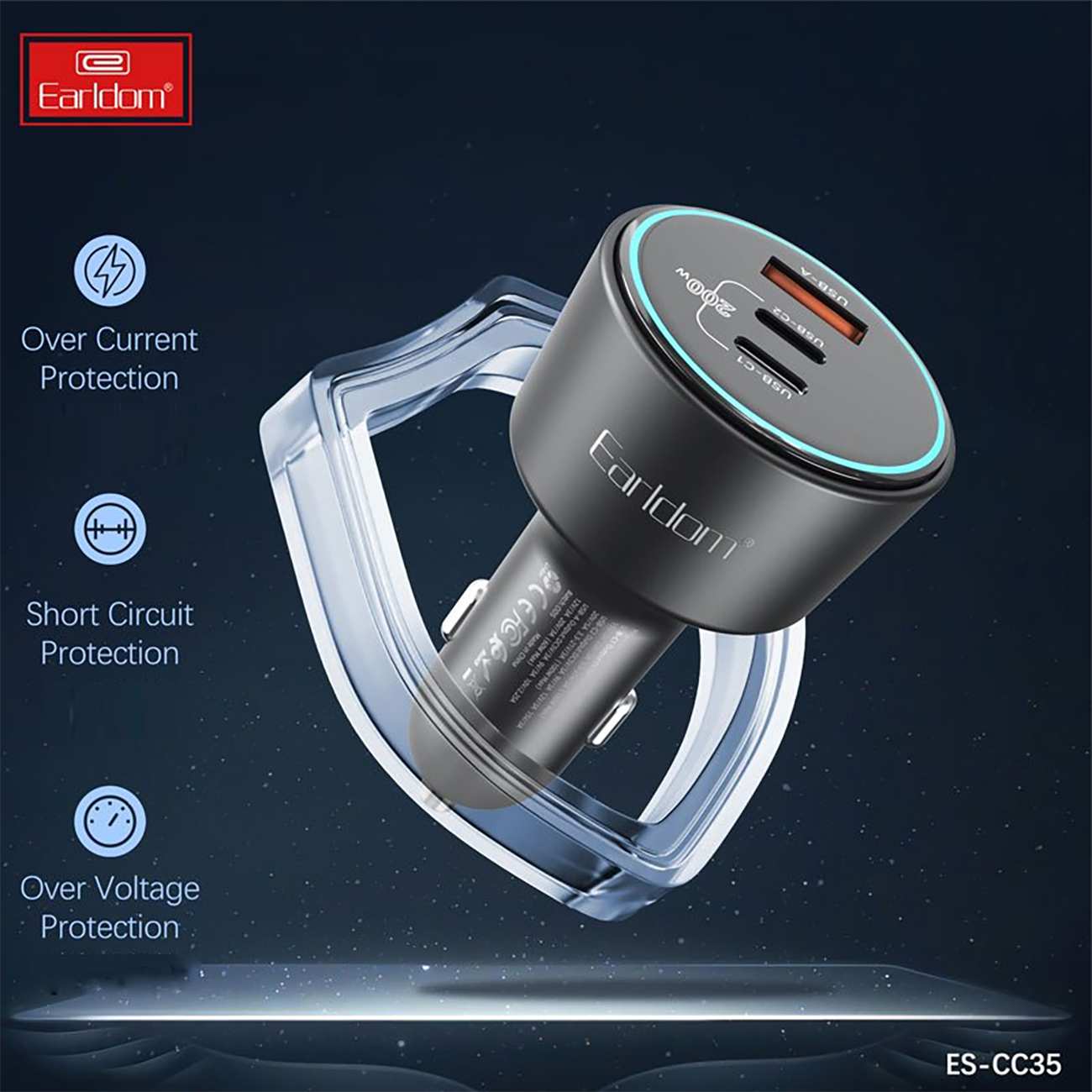 شارژر فندکی فست شارژ ماشین 100 وات Type-C و USB ارلدام ES-CC35