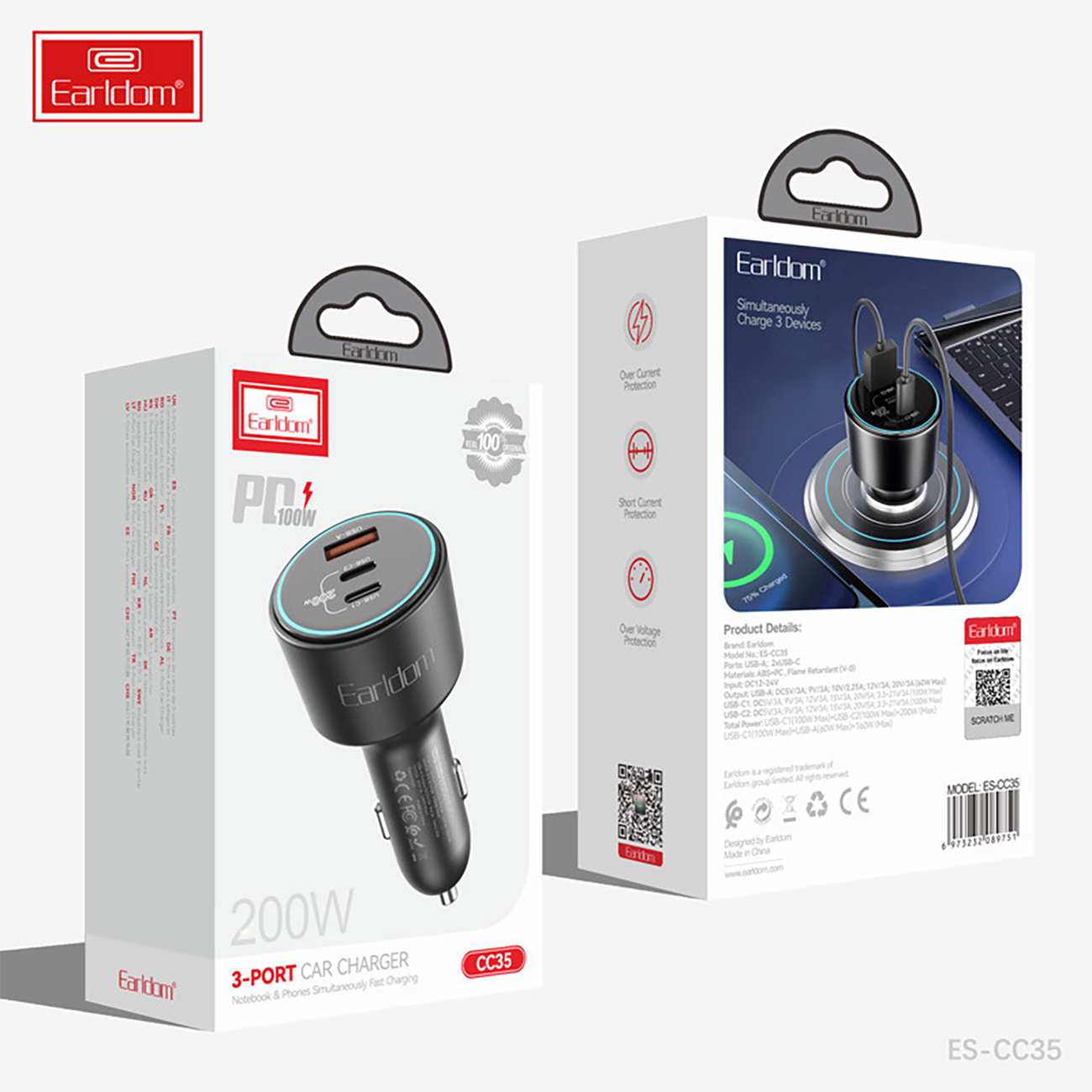 شارژر فندکی فست شارژ ماشین 100 وات Type-C و USB ارلدام ES-CC35