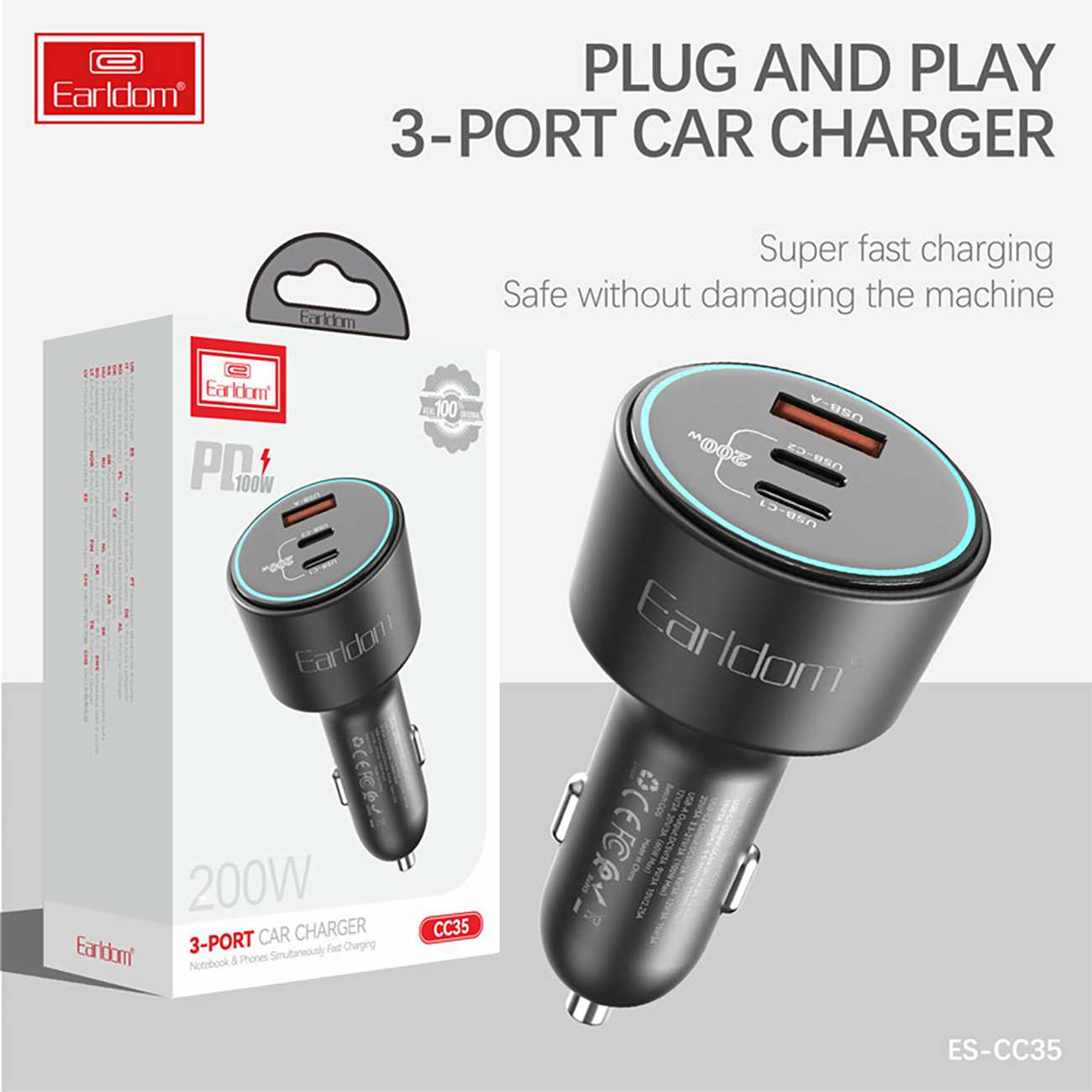 شارژر فندکی فست شارژ ماشین 100 وات Type-C و USB ارلدام ES-CC35