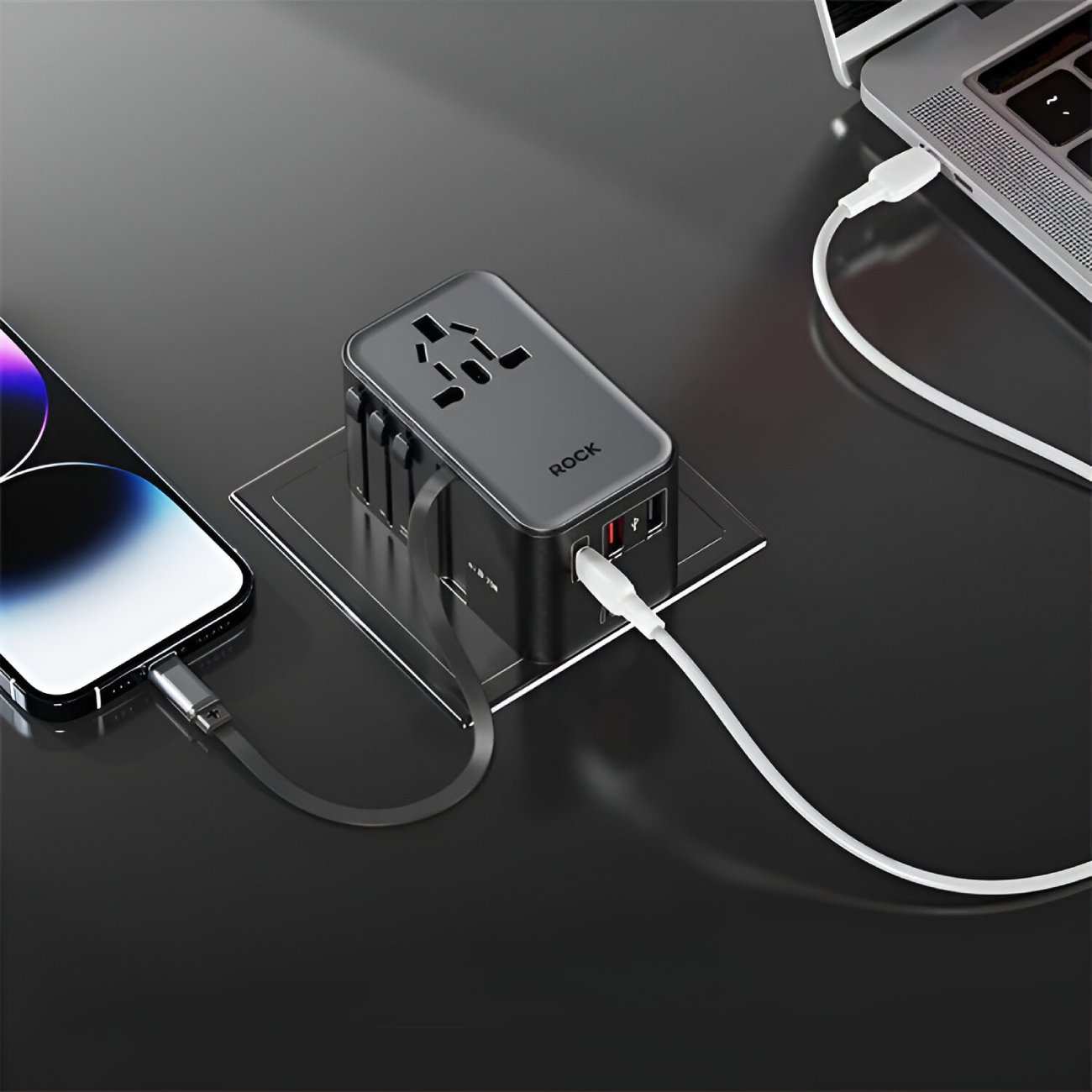چند راهی برق مکعبی جهانی یک سوکت، دو یو اس بی و یک تایپ سی 70 وات با کابل جمع شونده تایپ سی راک JY-355MAX
