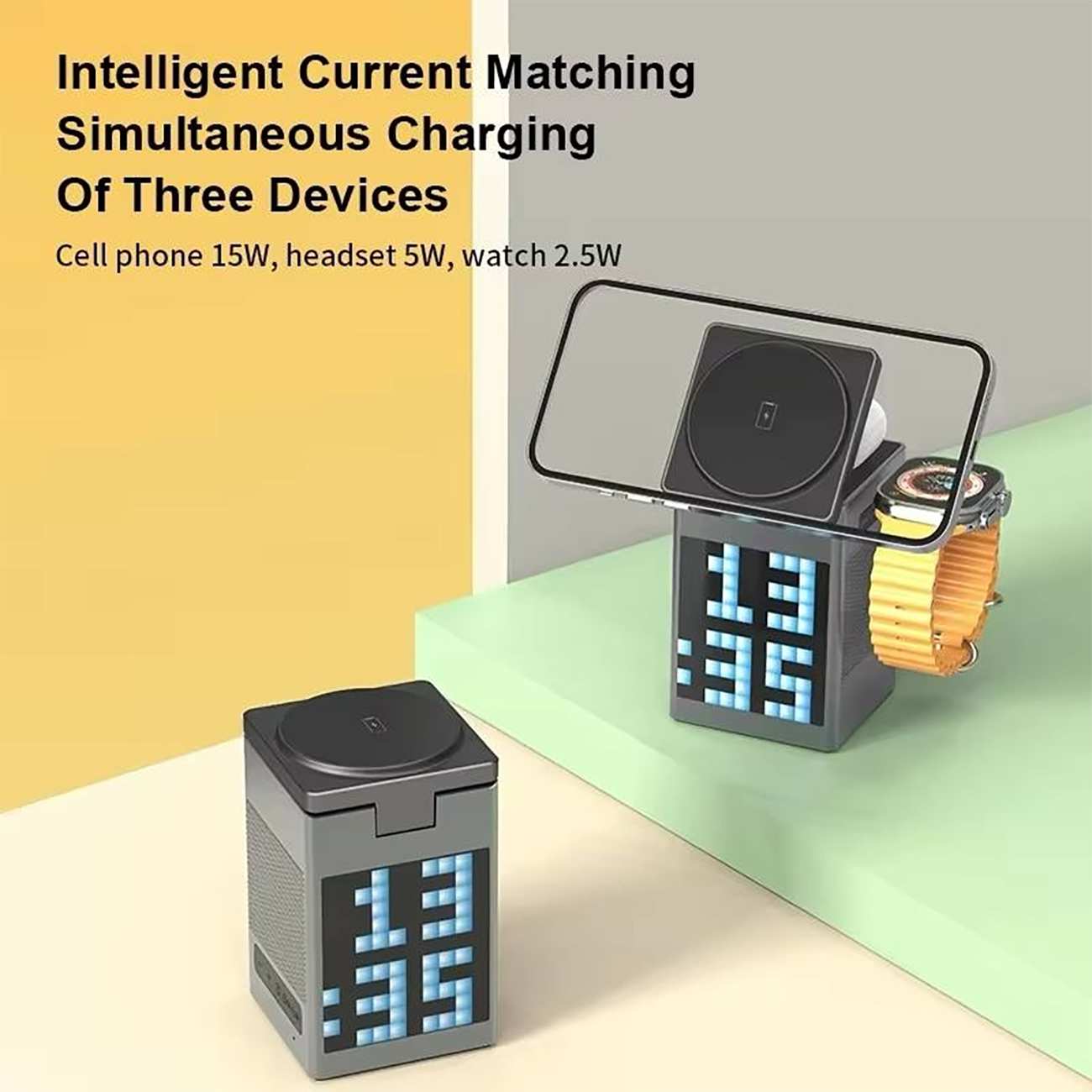 شارژر وایرلس 15 وات دارای اسپیکر بلوتوث وساعت دیجیتال S5