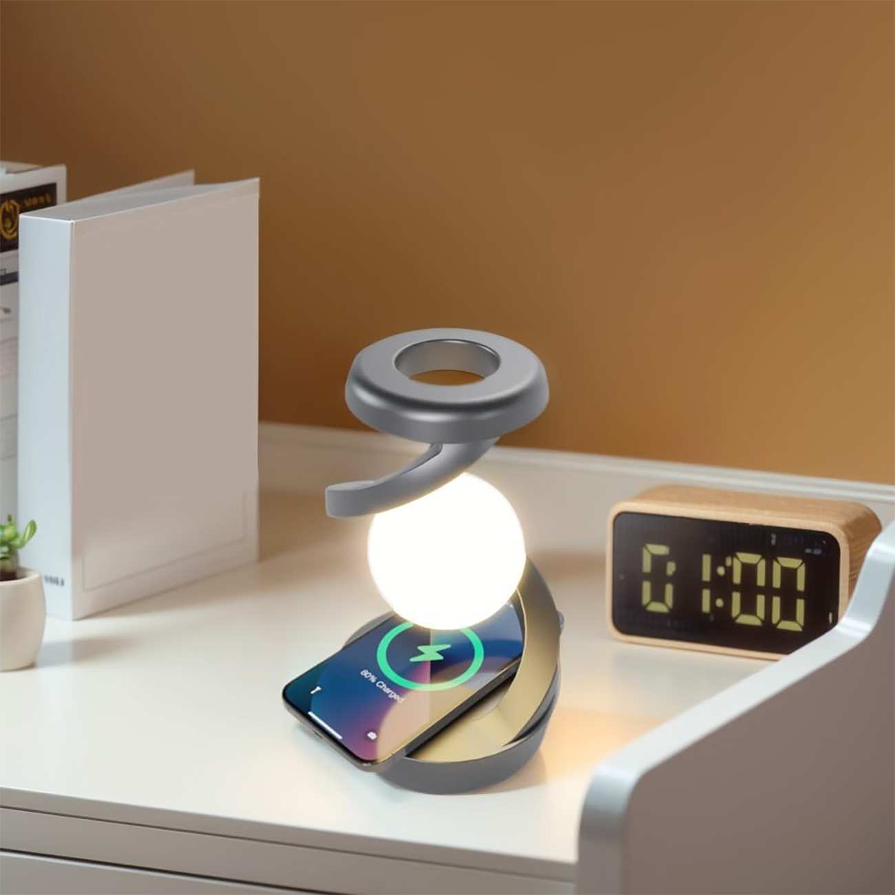 چراغ خواب شارژی طرح کره چرخشی و شارژ وایرلس Light Ball Lamp