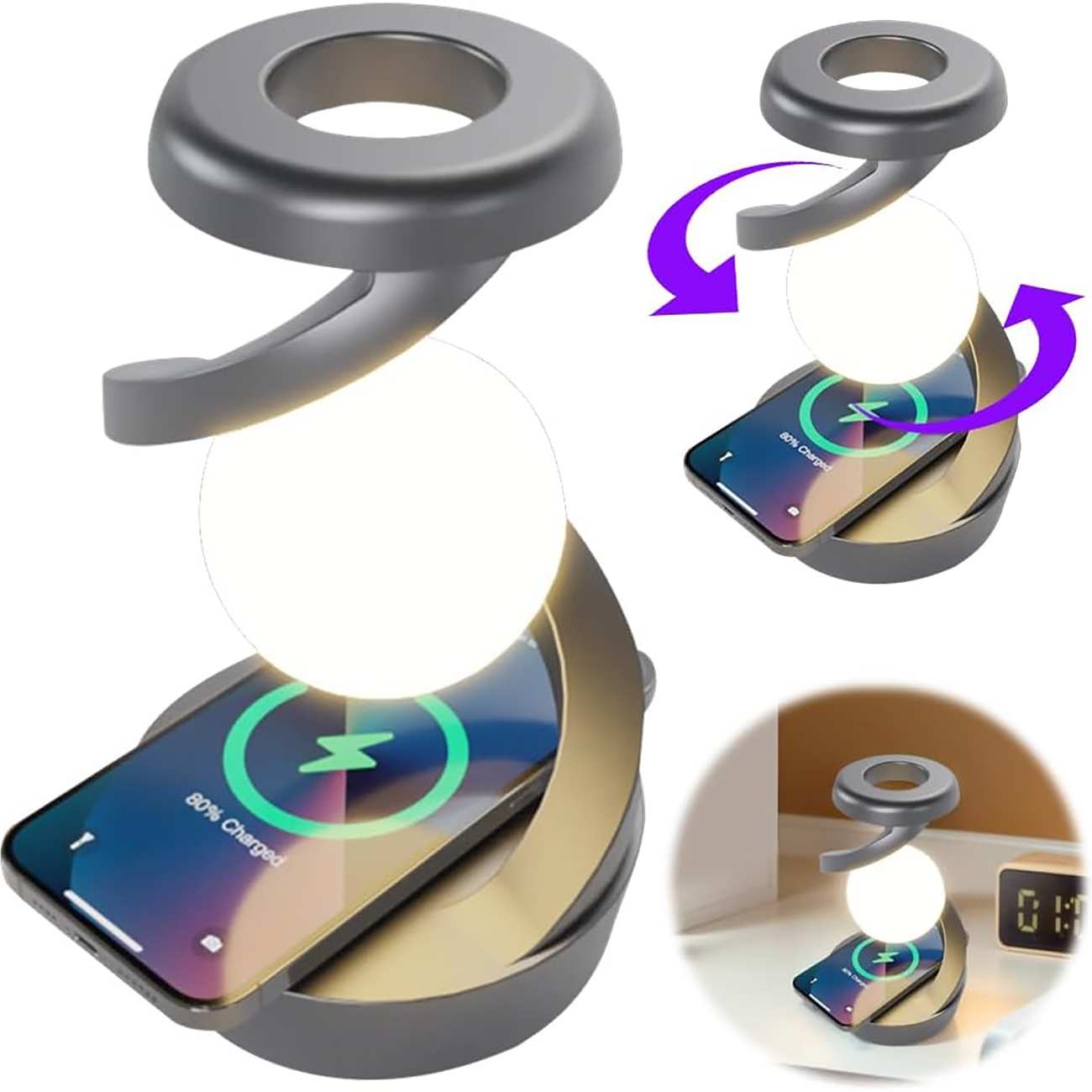 چراغ خواب شارژی طرح کره چرخشی و شارژ وایرلس Light Ball Lamp