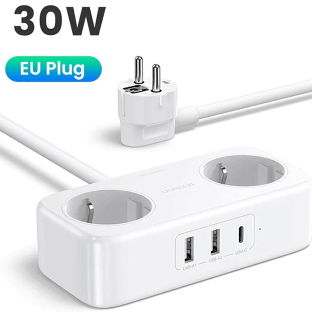 چندراهی برق دو سوکت و شارژر رومیزی یواسبی و تایپ سی 30 وات یوگرین CD280 50683