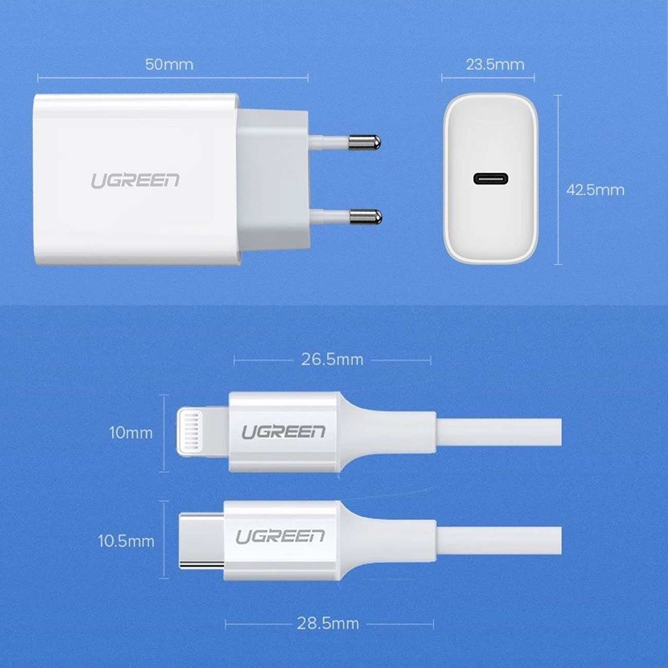 شارژر دیواری تایپ سی 20 وات همراه کابل تایپ سی به لایتنینگ یک متری یوگرین CD137 50698