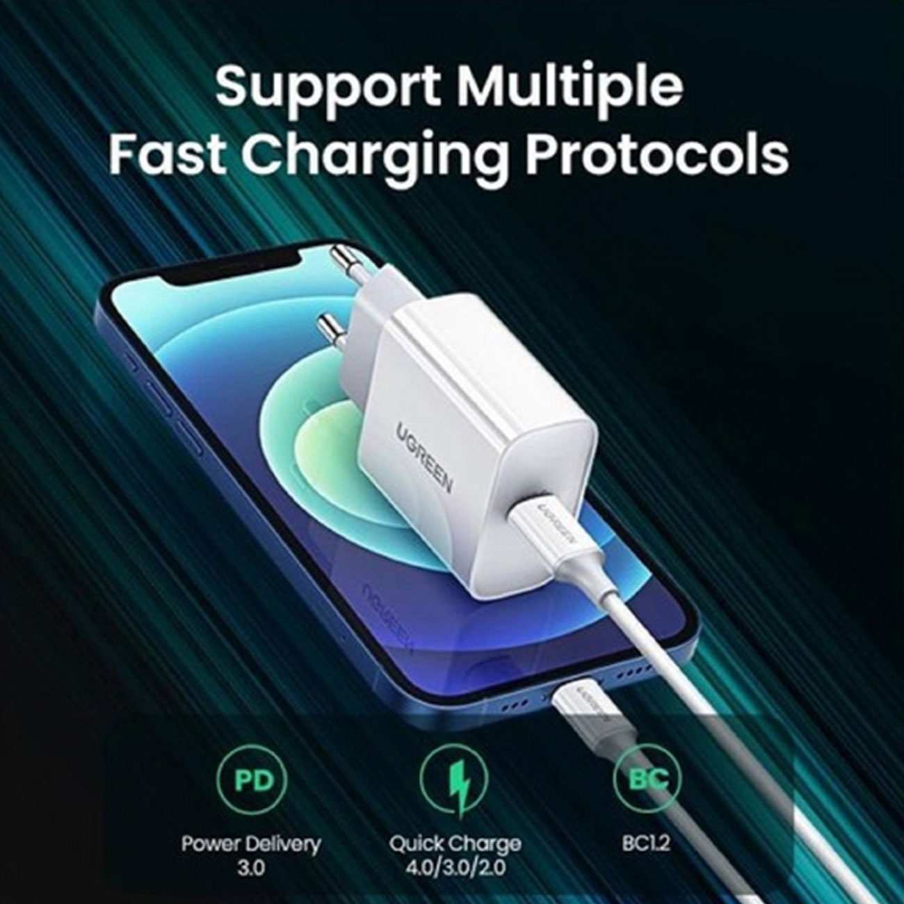 شارژر دیواری تایپ سی 20 وات همراه کابل تایپ سی به لایتنینگ یک متری یوگرین CD137 50698