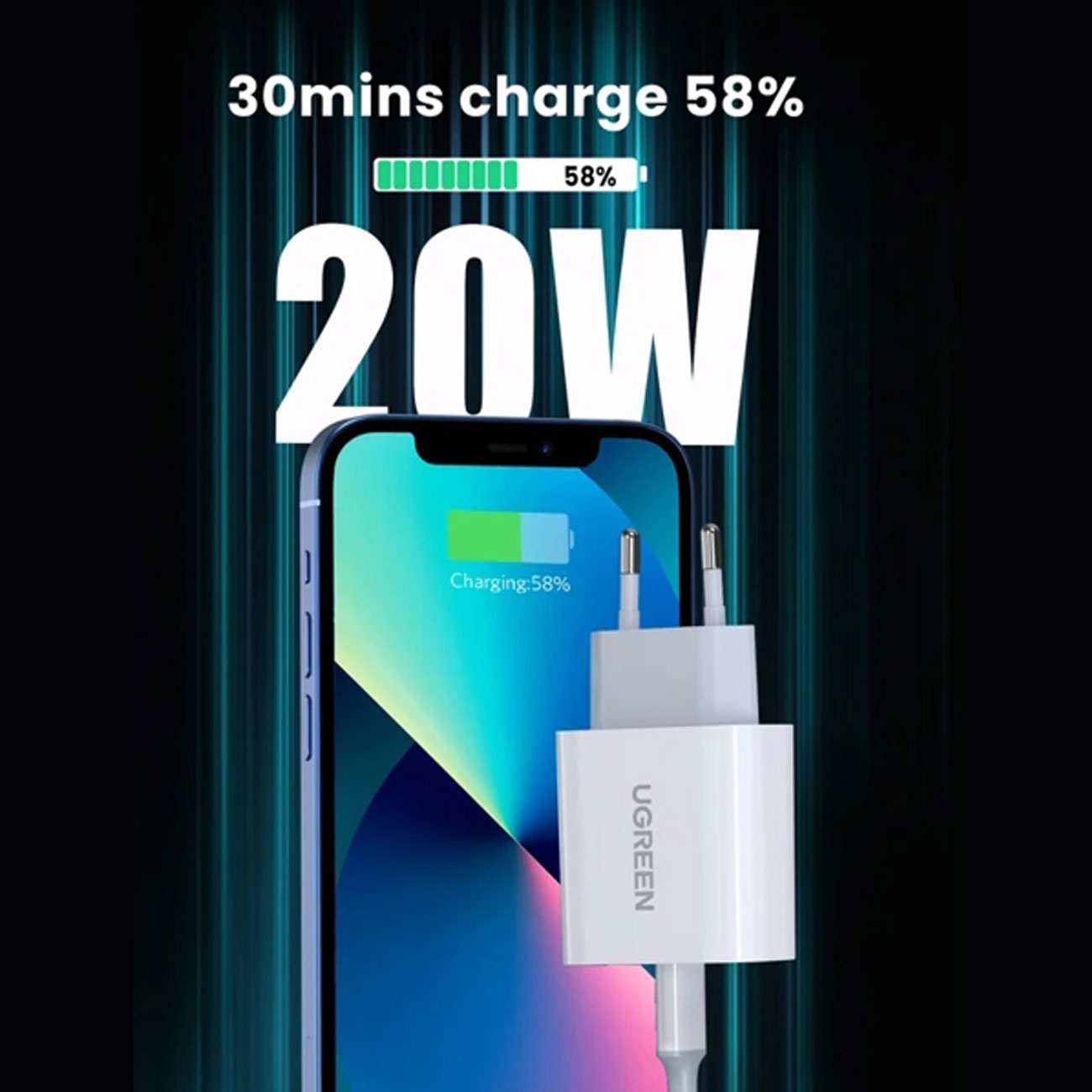 شارژر دیواری تایپ سی 20 وات همراه کابل تایپ سی به لایتنینگ یک متری یوگرین CD137 50698