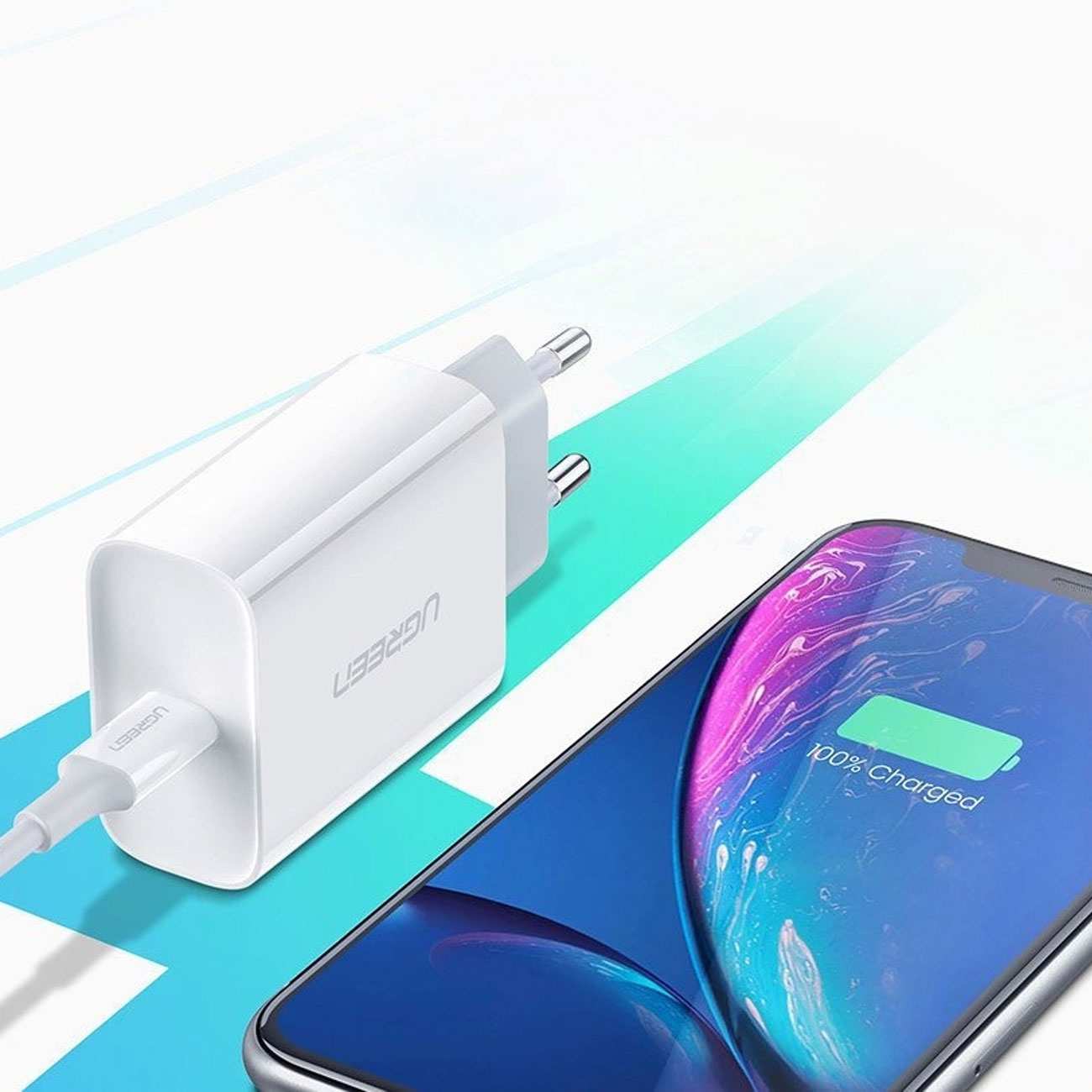 شارژر دیواری تایپ سی 20 وات همراه کابل تایپ سی به لایتنینگ یک متری یوگرین CD137 50698