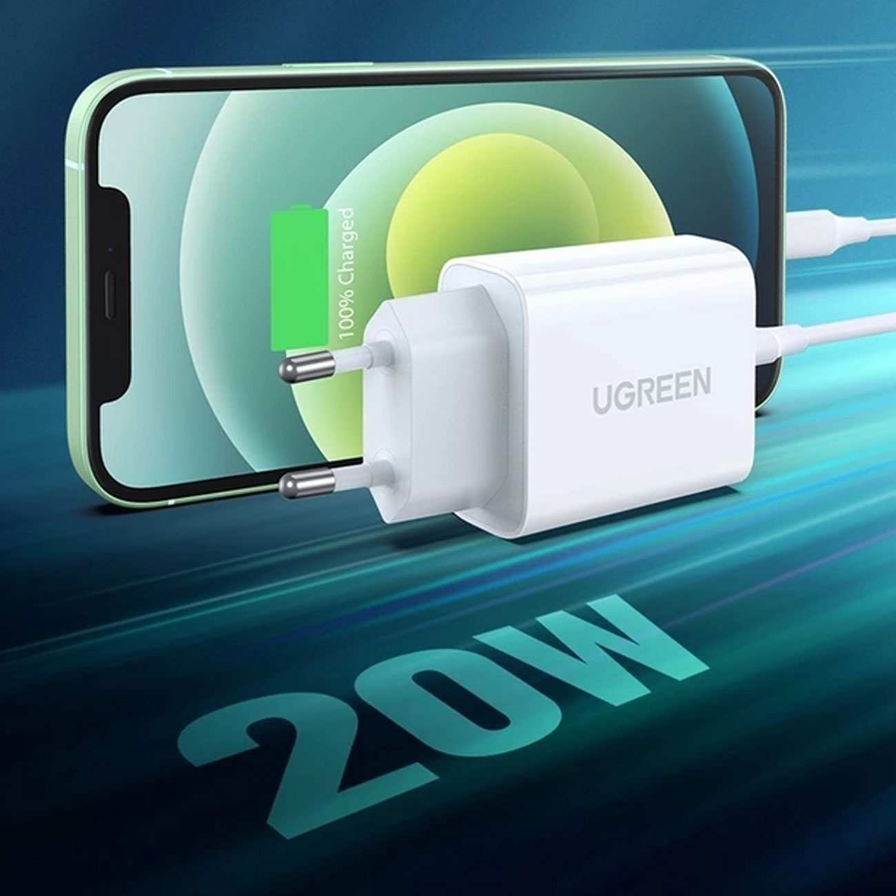 شارژر دیواری تایپ سی 20 وات همراه کابل تایپ سی به لایتنینگ یک متری یوگرین CD137 50698