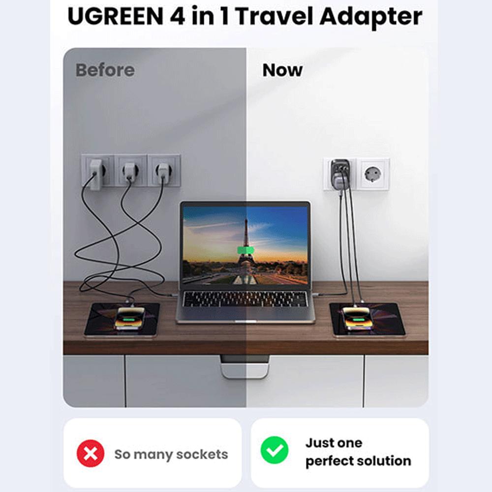 چندراهی برق و شارژر دیواری یک سوکت، یک تایپ سی و دو یواسبی 30 وات یوگرین CD314 15290