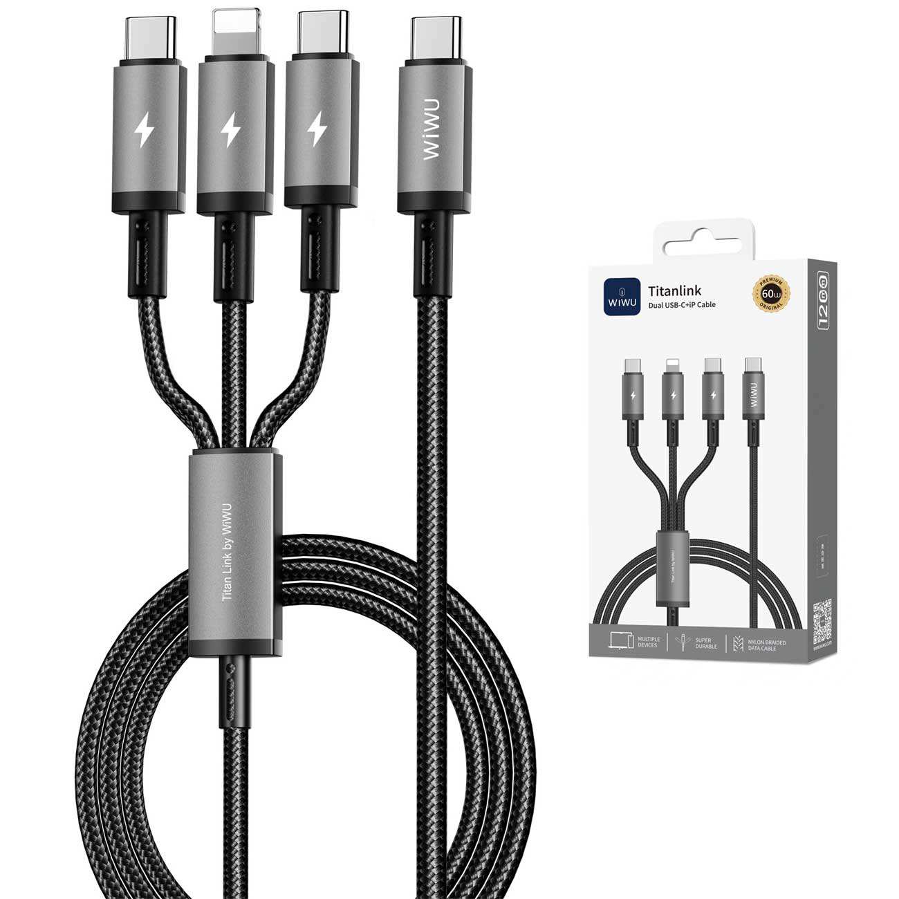 کابل شارژ چند سر تایپسی به تایپسی و لایتنینگ 60 وات 1.2 متری ویوو Wi-C060