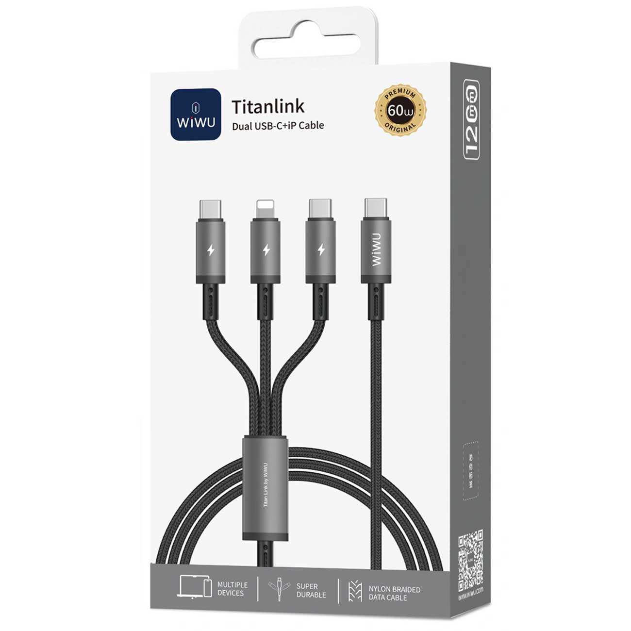 کابل شارژ چند سر تایپسی به تایپسی و لایتنینگ 60 وات 1.2 متری ویوو Wi-C060