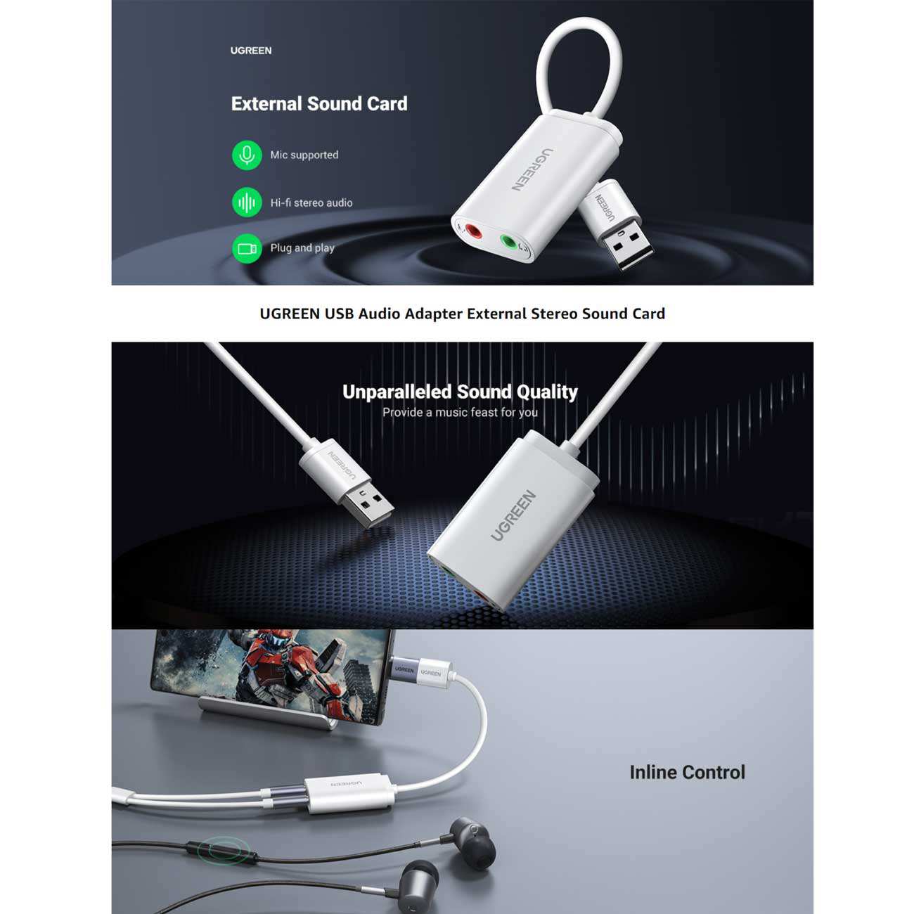 کارت صدا و مبدل USB به جک 3.5 میلیمتر 15 سانتیمتری یوگرین US205 30143