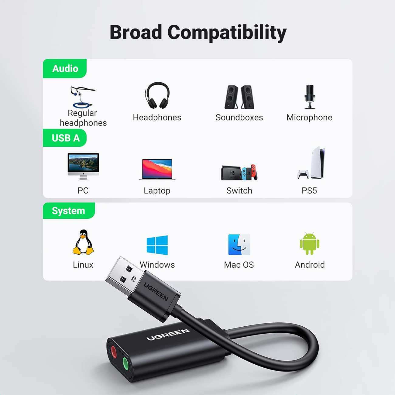 کارت صدا و مبدل USB به جک 3.5 میلیمتر 15 سانتیمتری یوگرین US205 30143