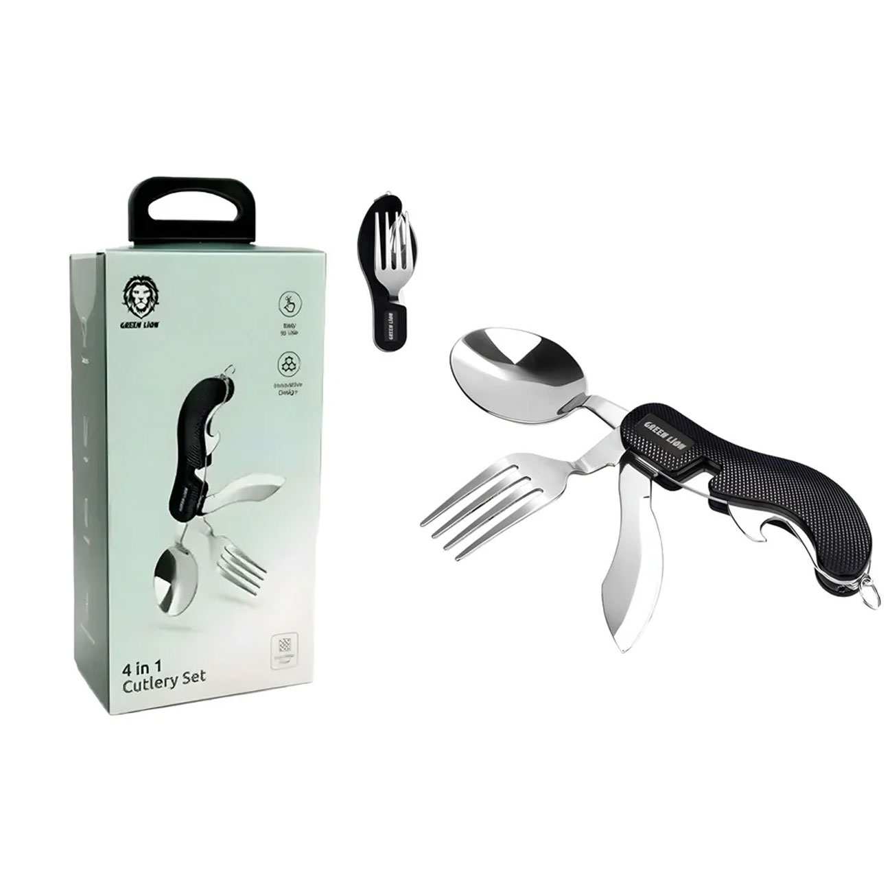 ست قاشق، چنگال، کارد و دربازکن بطری مسافرتی و کمپینگ گرین لاین GN-4IN1CSETBK