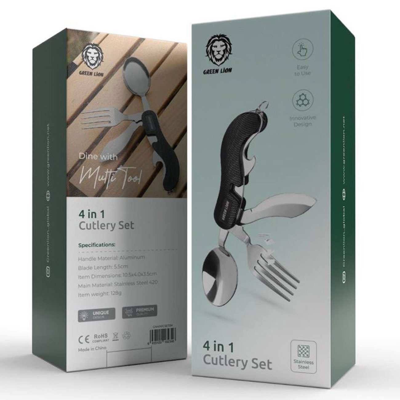 ست قاشق، چنگال، کارد و دربازکن بطری مسافرتی و کمپینگ گرین لاین GN-4IN1CSETBK