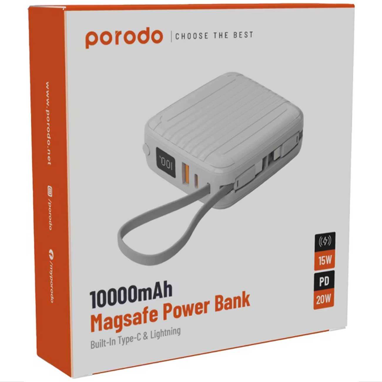 پاوربانک 10000 مگسیف 15 وات، یواسبی، تایپسی و لایتنینگ پورودو PD-PBFCH041-BK