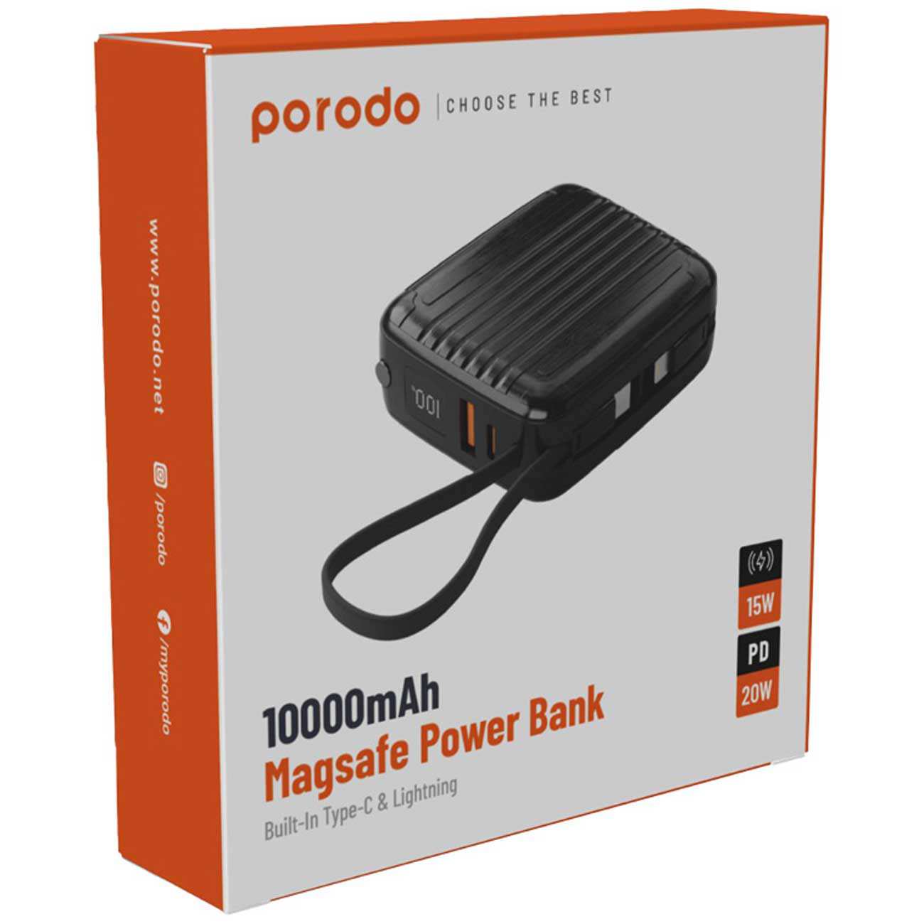 پاوربانک 10000 مگسیف 15 وات، یواسبی، تایپسی و لایتنینگ پورودو PD-PBFCH041-BK