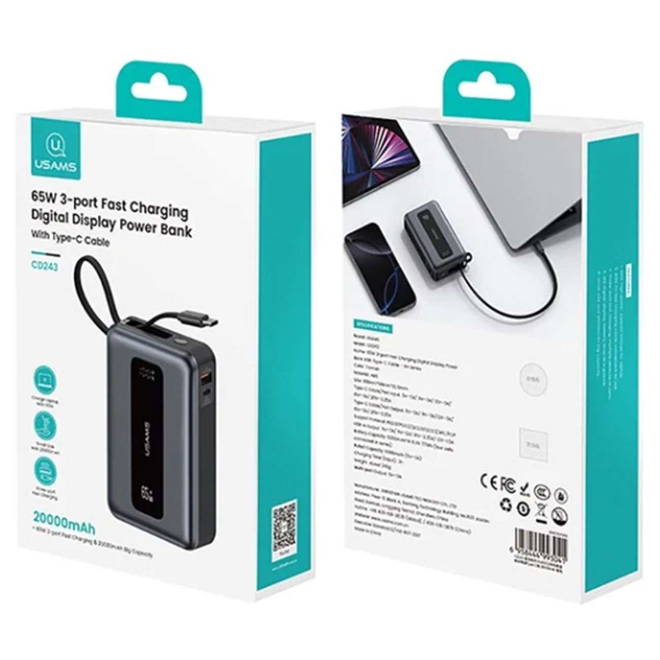 پاوربانک 20000 فست شارژ 65 وات Type-C و USB یوسامز CD243