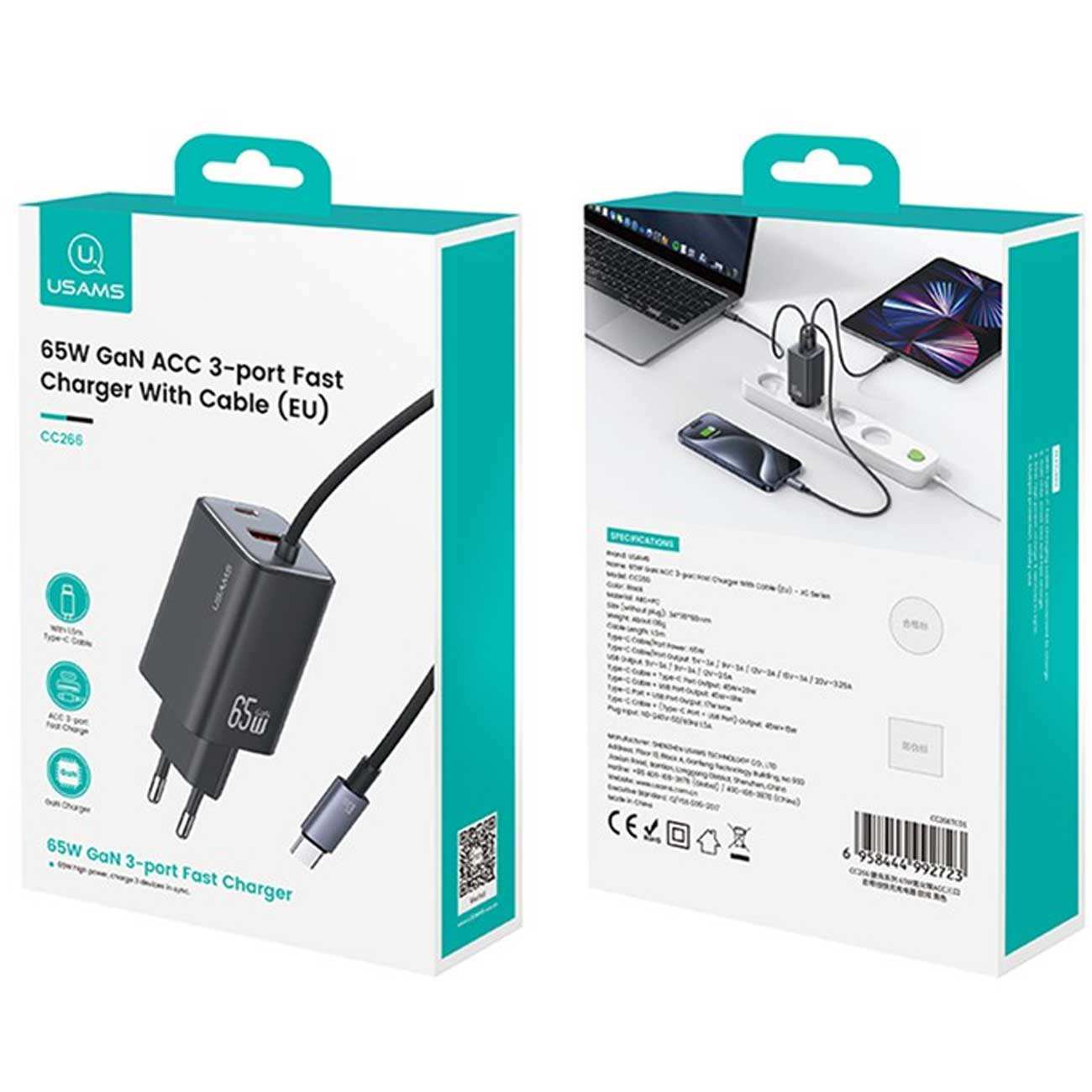 شارژر دیواری تایپ سی 65 وات با کابل شارژ تایپ سی یوسامز CC266 PD65W