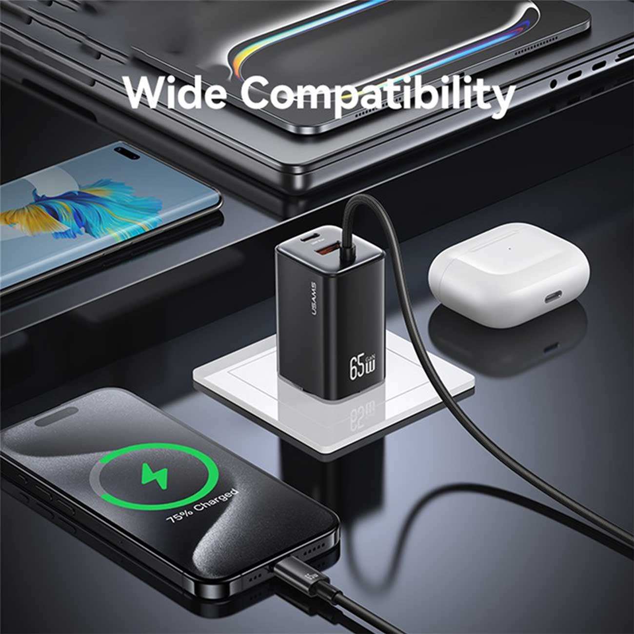 شارژر دیواری تایپ سی 65 وات با کابل شارژ تایپ سی یوسامز CC266 PD65W