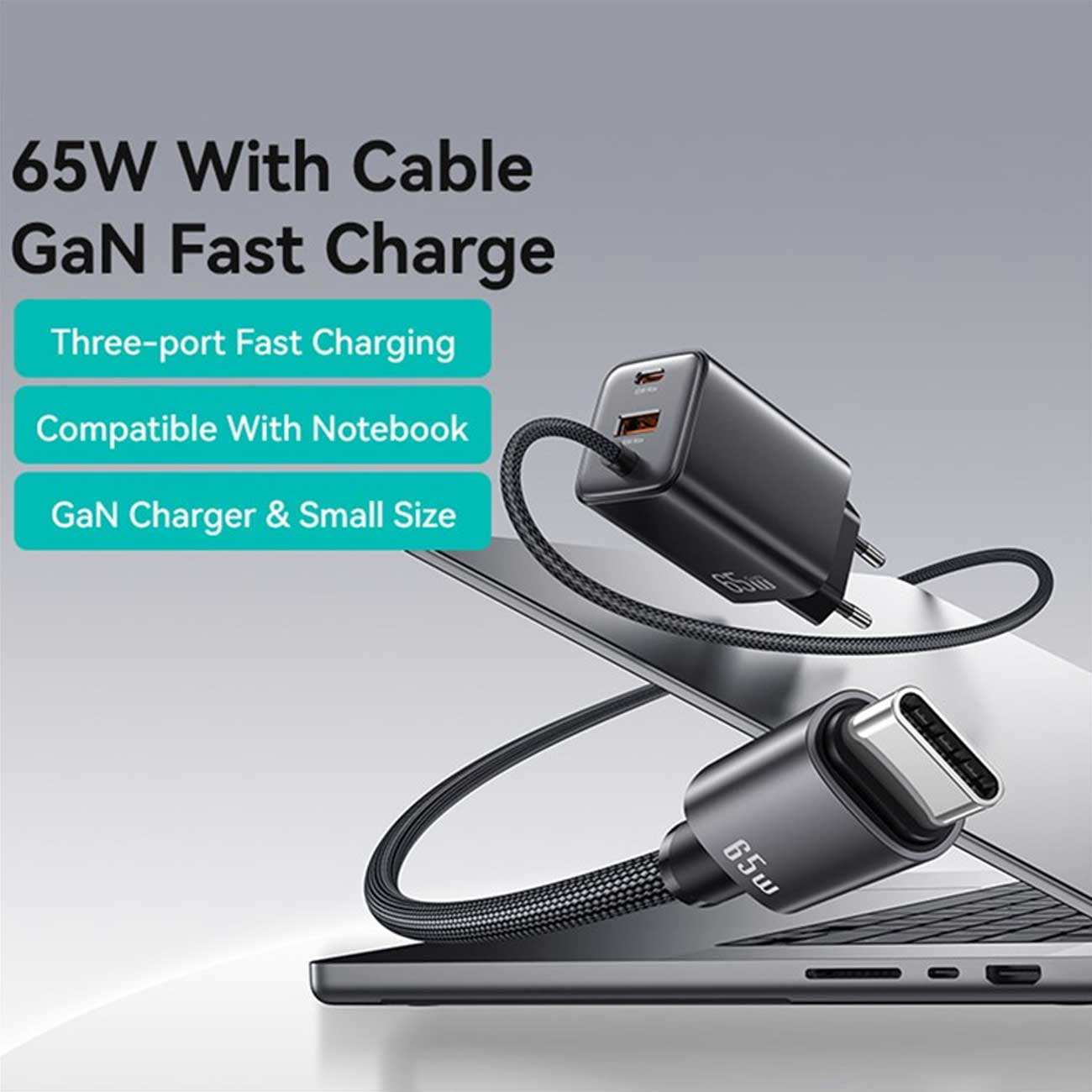 شارژر دیواری تایپ سی 65 وات با کابل شارژ تایپ سی یوسامز CC266 PD65W