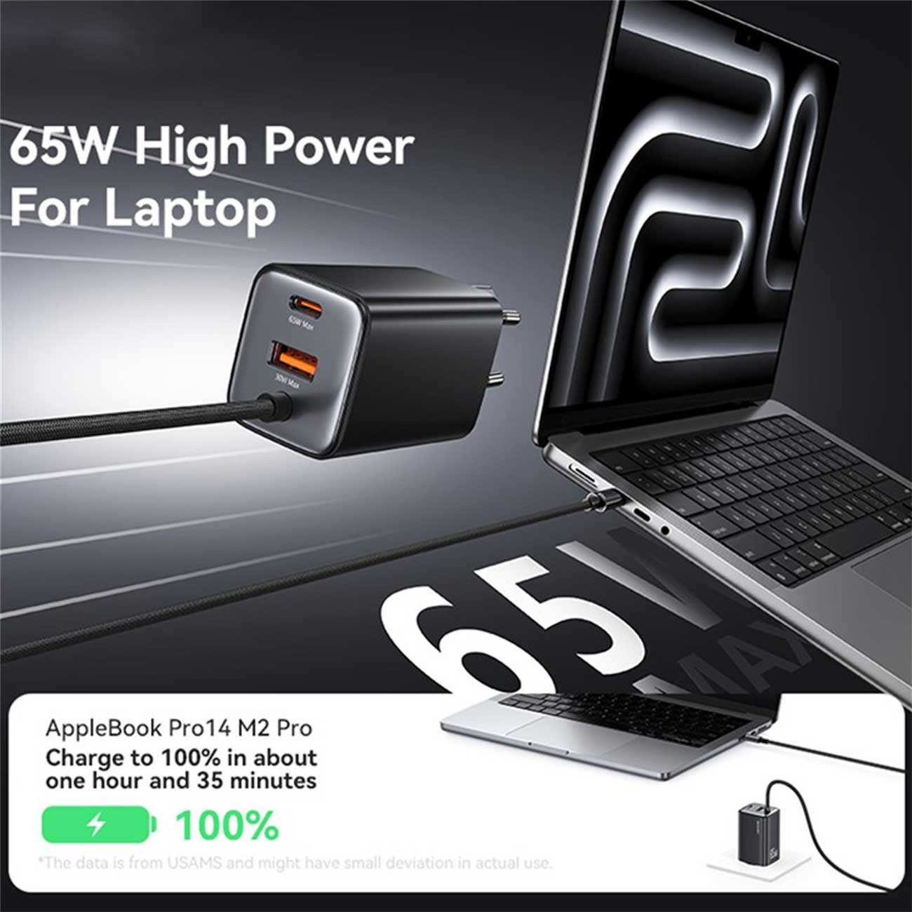 شارژر دیواری تایپ سی 65 وات با کابل شارژ تایپ سی یوسامز CC266 PD65W