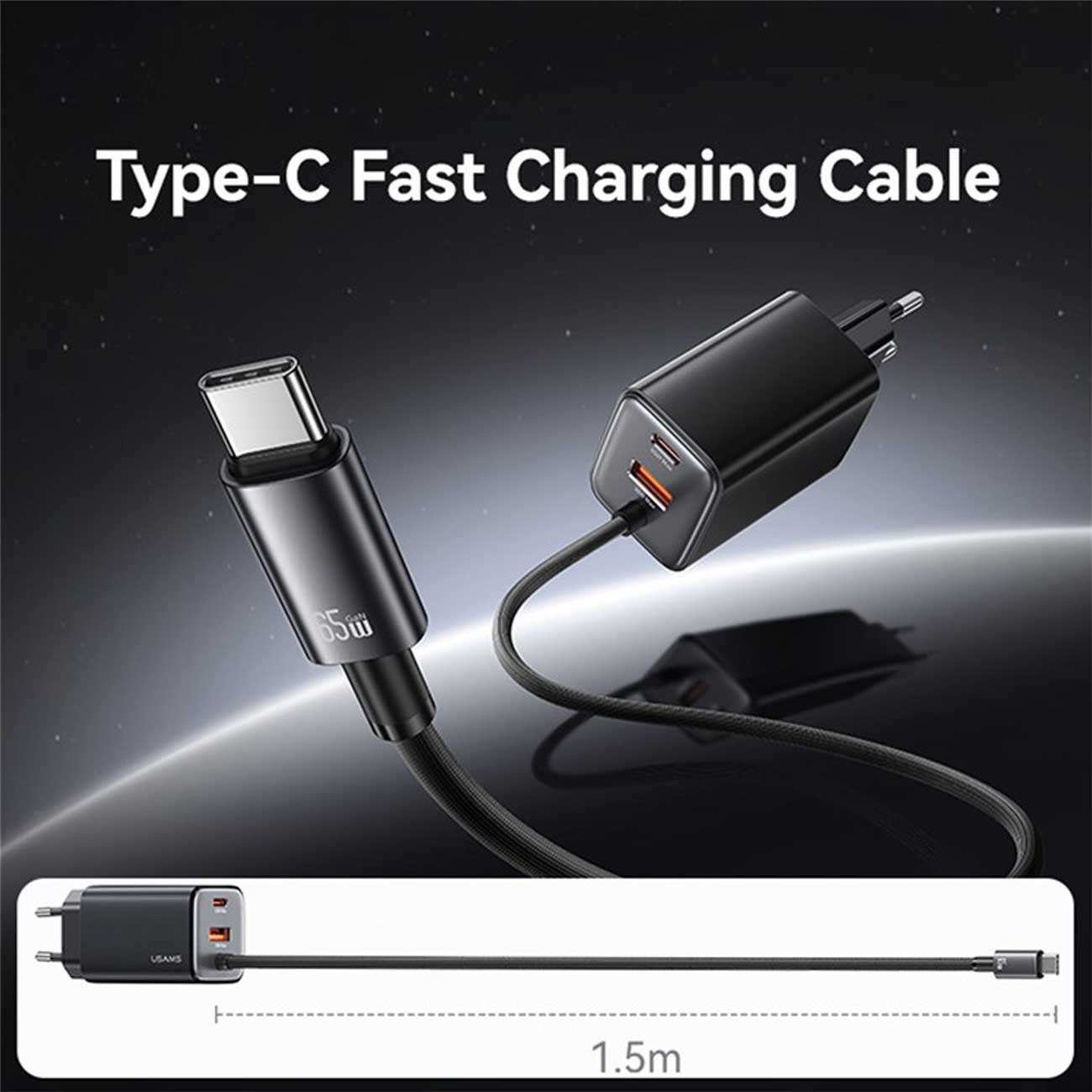 شارژر دیواری تایپ سی 65 وات با کابل شارژ تایپ سی یوسامز CC266 PD65W