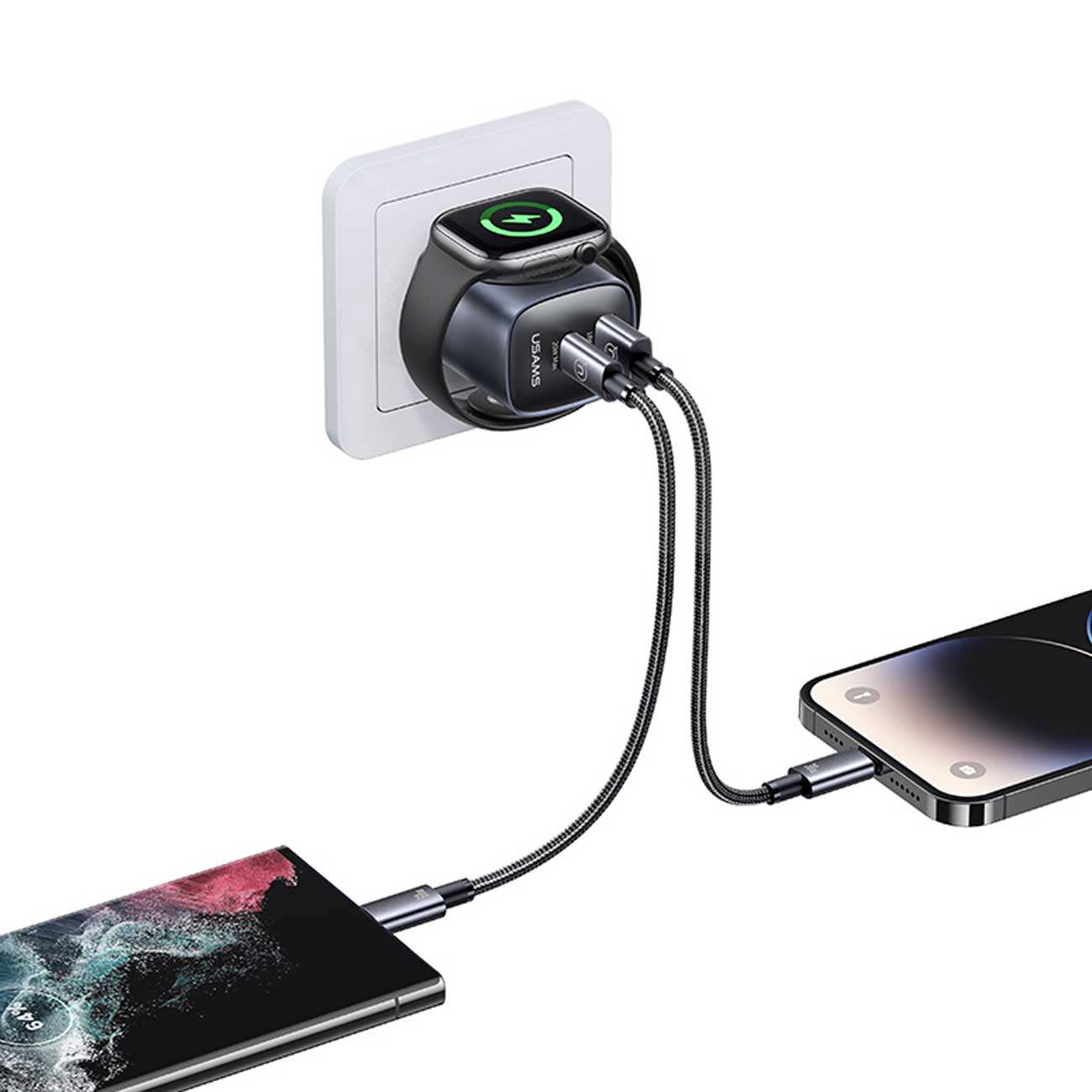 شارژر دیواری تایپ سی 20 وات و یو اس بی 18 وات و شارژر اپلواچ یوسامز CC293 T67