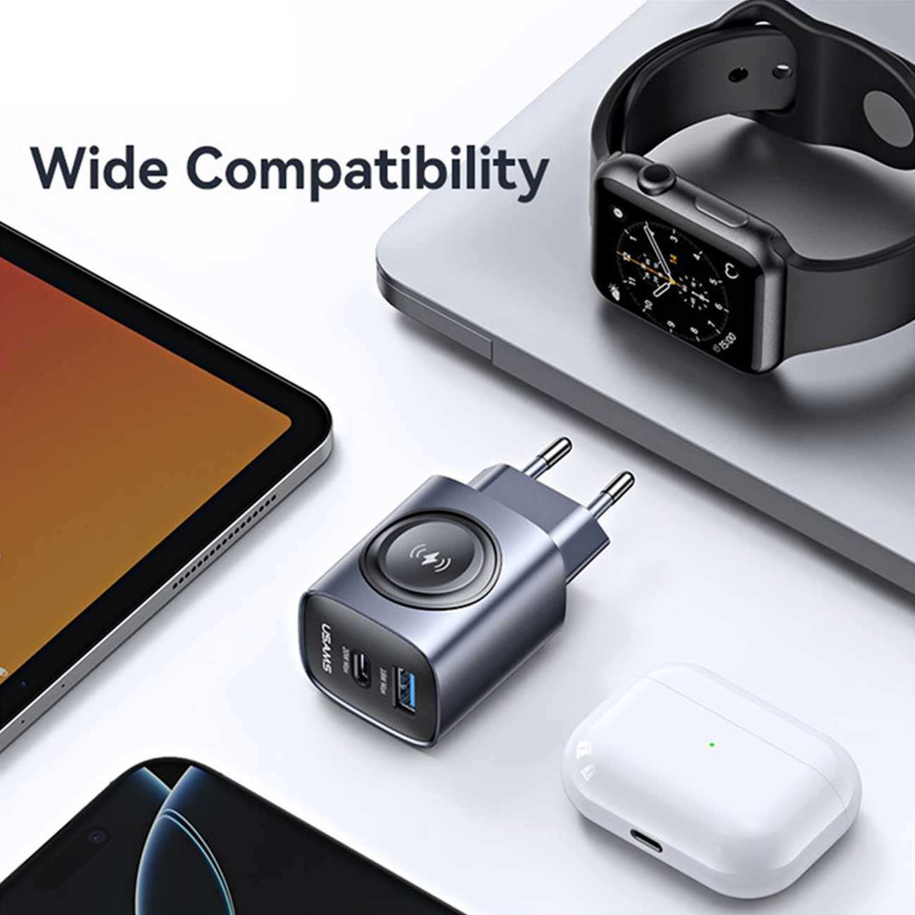 شارژر دیواری تایپ سی 20 وات و یو اس بی 18 وات و شارژر اپلواچ یوسامز CC293 T67