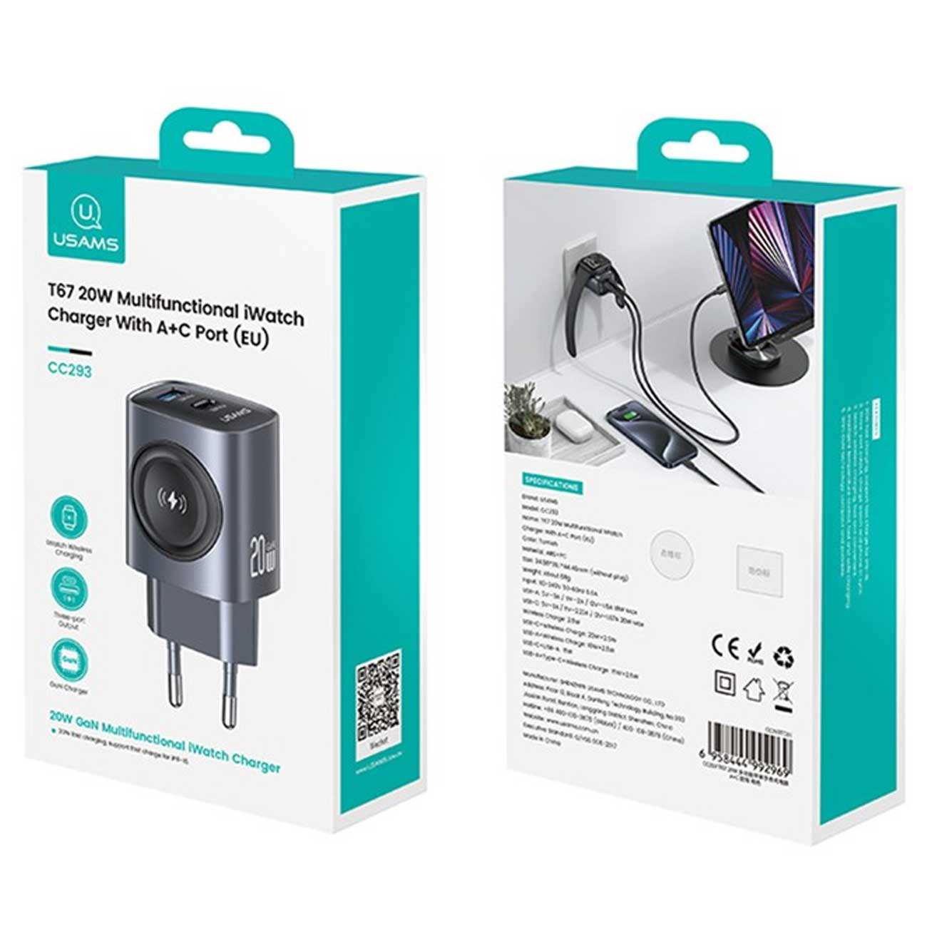 شارژر دیواری تایپ سی 20 وات و یو اس بی 18 وات و شارژر اپلواچ یوسامز CC293 T67