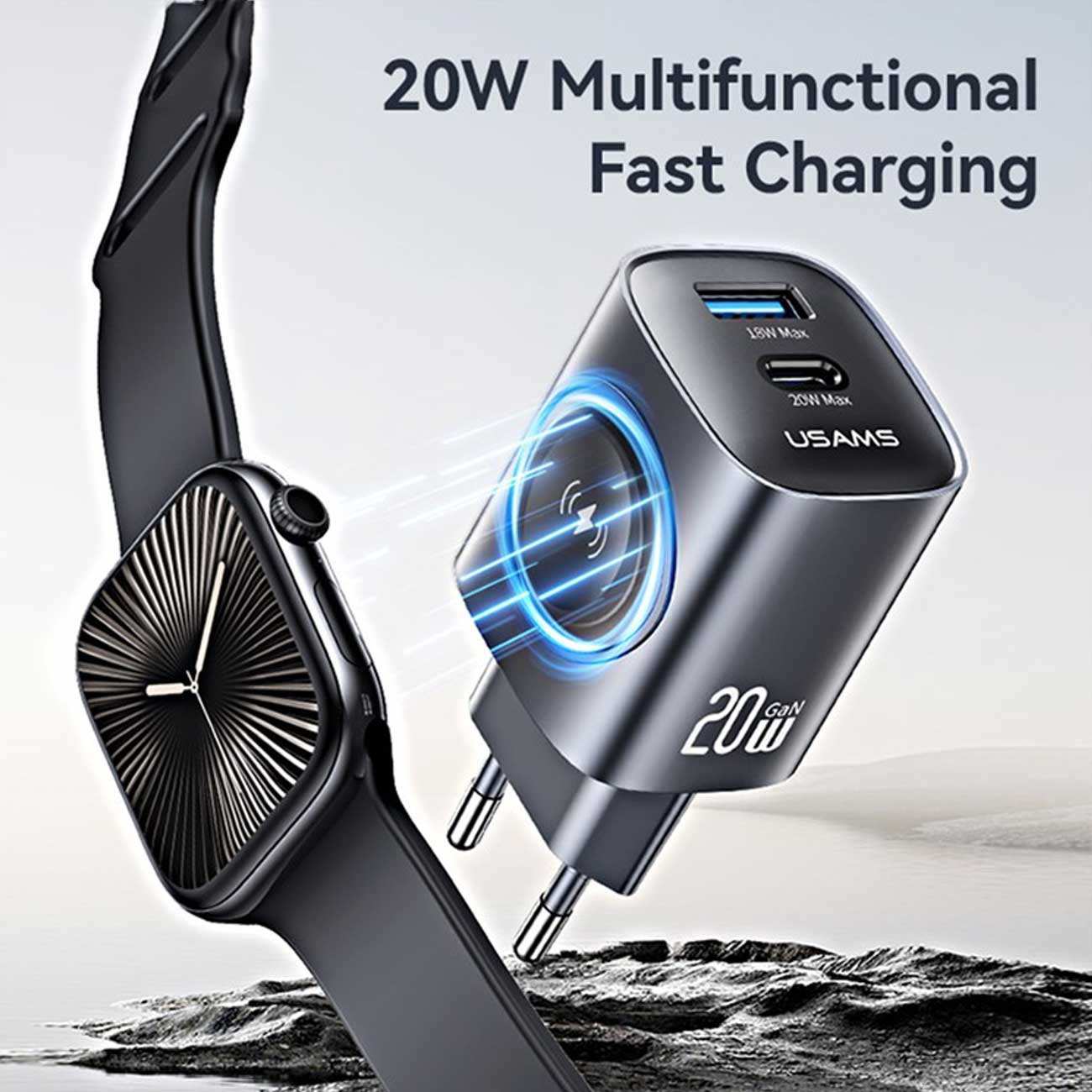 شارژر دیواری تایپ سی 20 وات و یو اس بی 18 وات و شارژر اپلواچ یوسامز CC293 T67