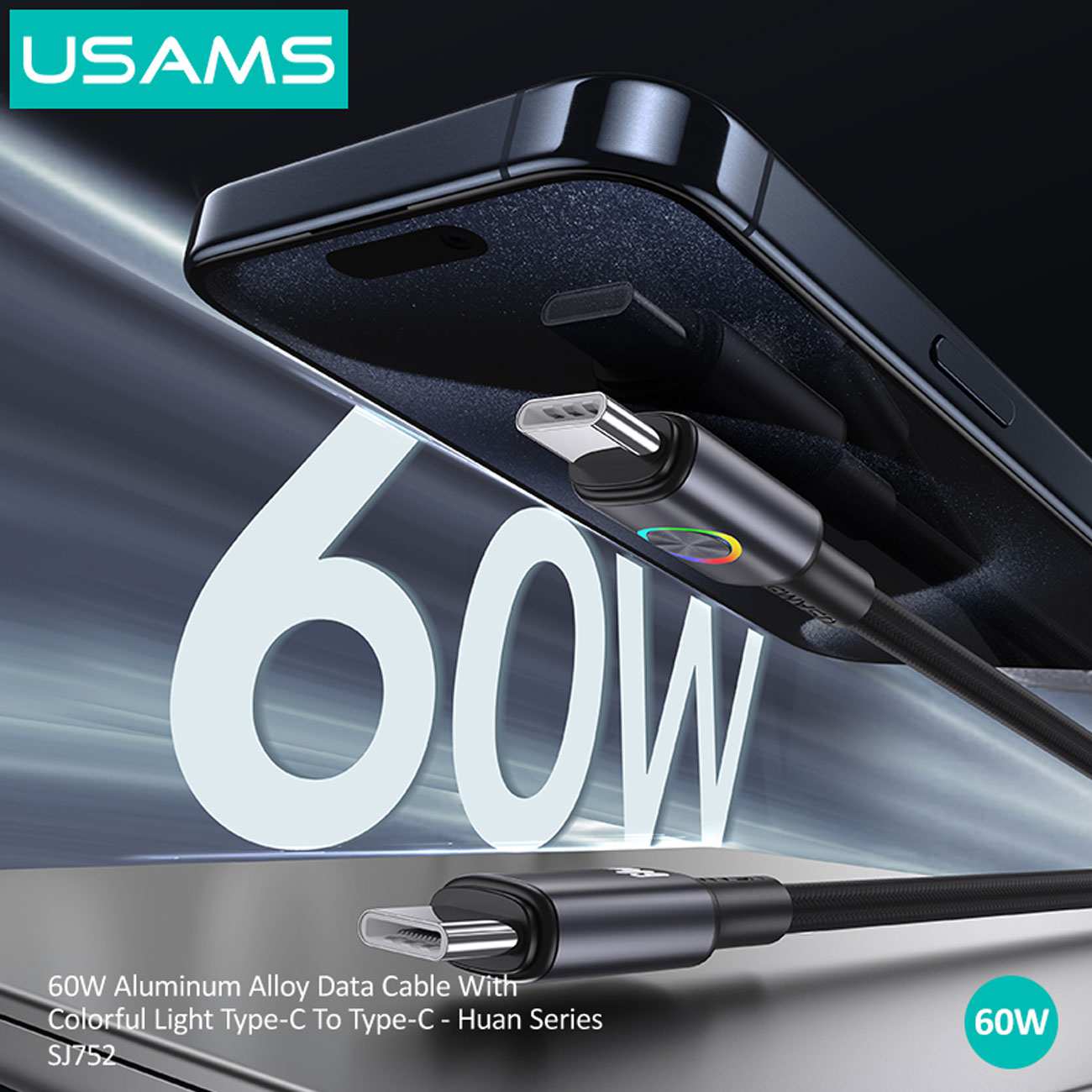 کابل فست شارژ تایپ سی به تایپ سی 60 وات 1.2 متری یوسامز SJ752