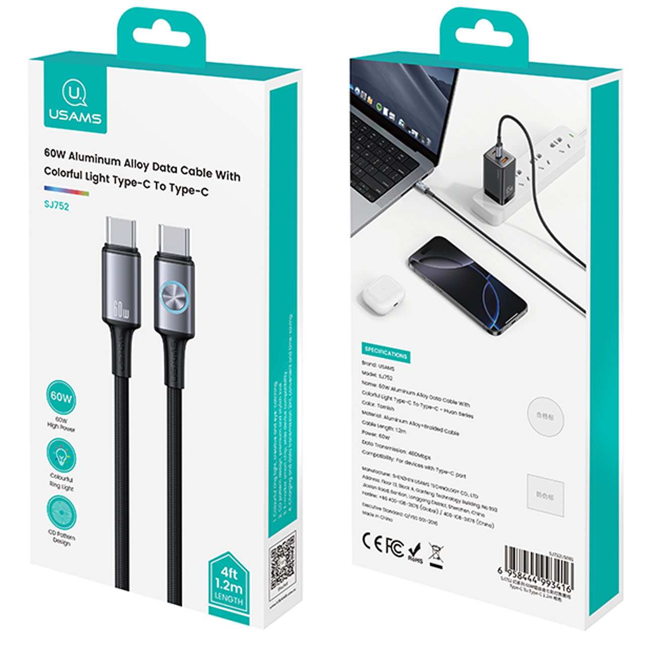 کابل فست شارژ تایپ سی به تایپ سی 60 وات 1.2 متری یوسامز SJ752