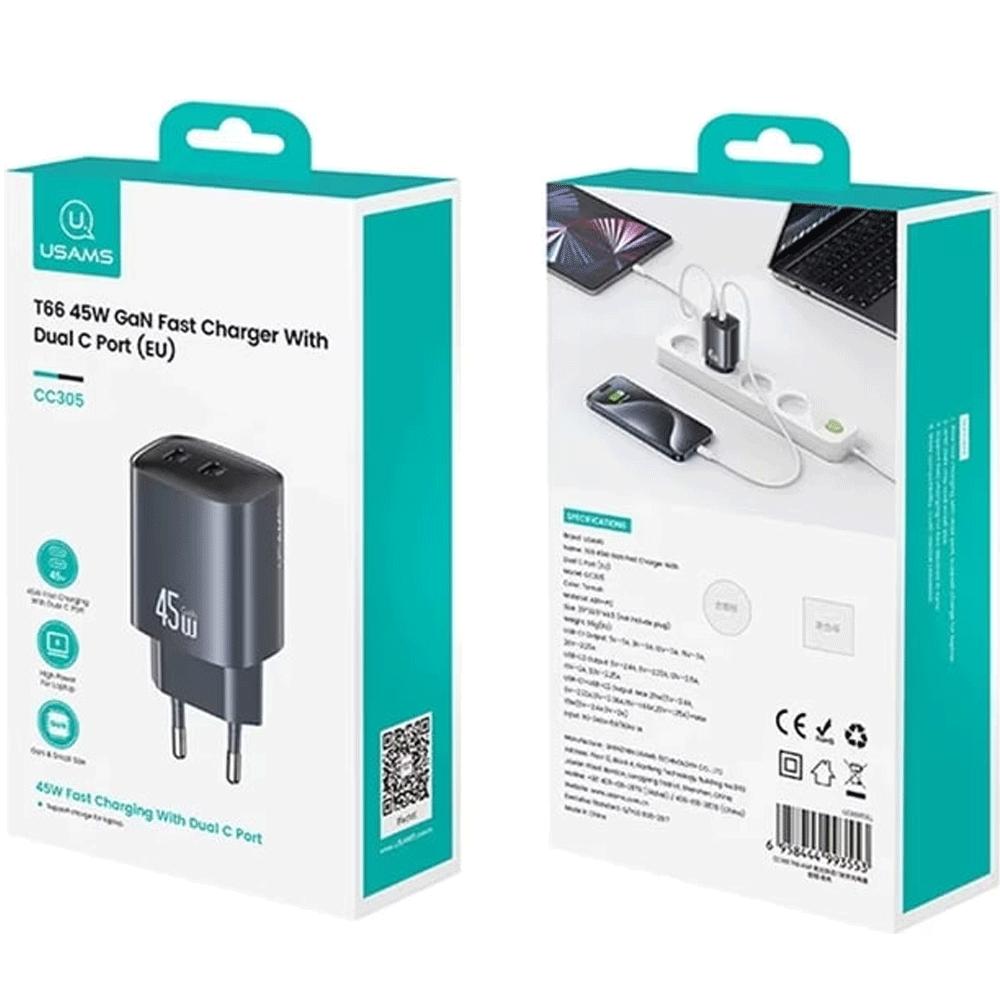 شارژر دیواری فست دو پورت تایپ سی 45 وات یوسامز CC305 T66