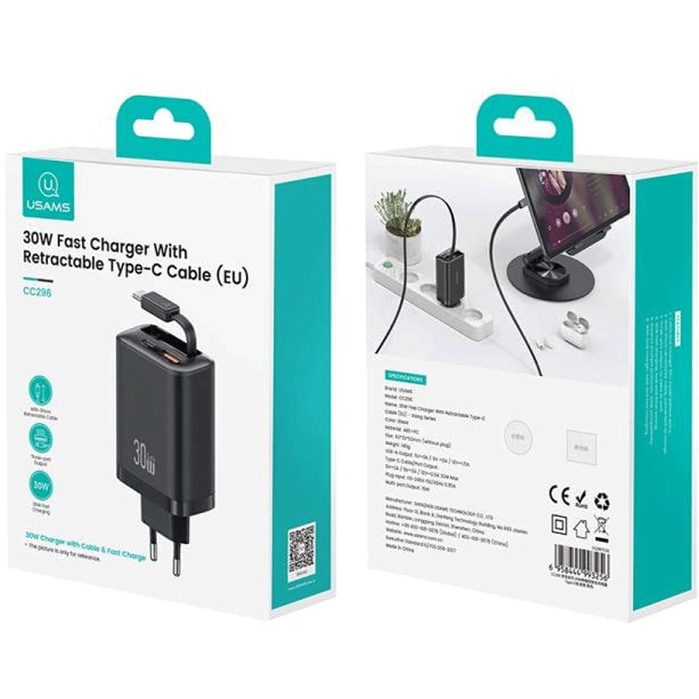 شارژر دیواری 30 وات Type-C و USB یوسامز با کابل تایپ سی CC296