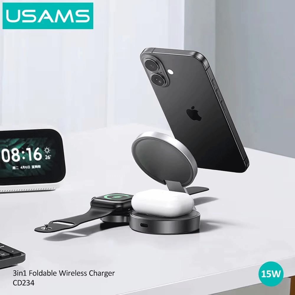 شارژر وایرلس مگنتی رومیزی تاشو 15 وات گوشی، اپلواچ و ایرپاد یوسامز CD234