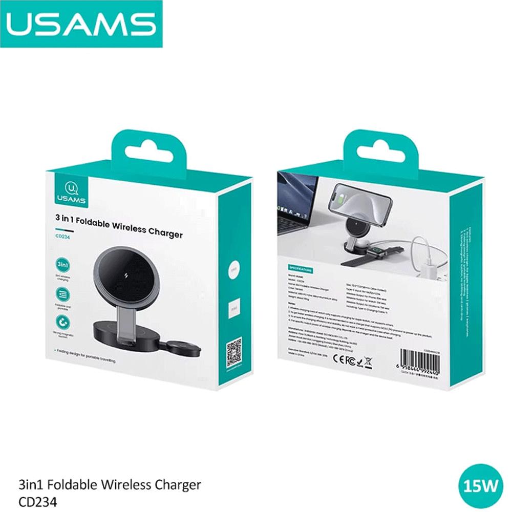 شارژر وایرلس مگنتی رومیزی تاشو 15 وات گوشی، اپلواچ و ایرپاد یوسامز CD234